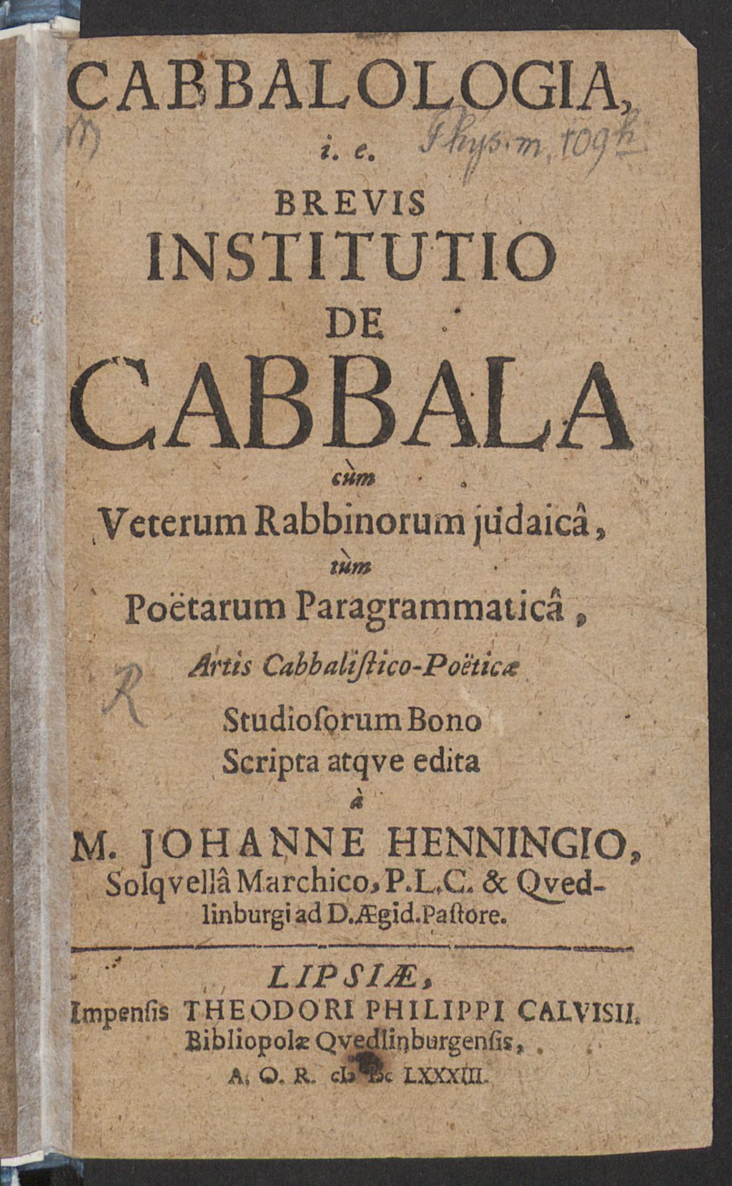 Cover of Cabbalologia i. e. Brevis Institutio De Cabbala