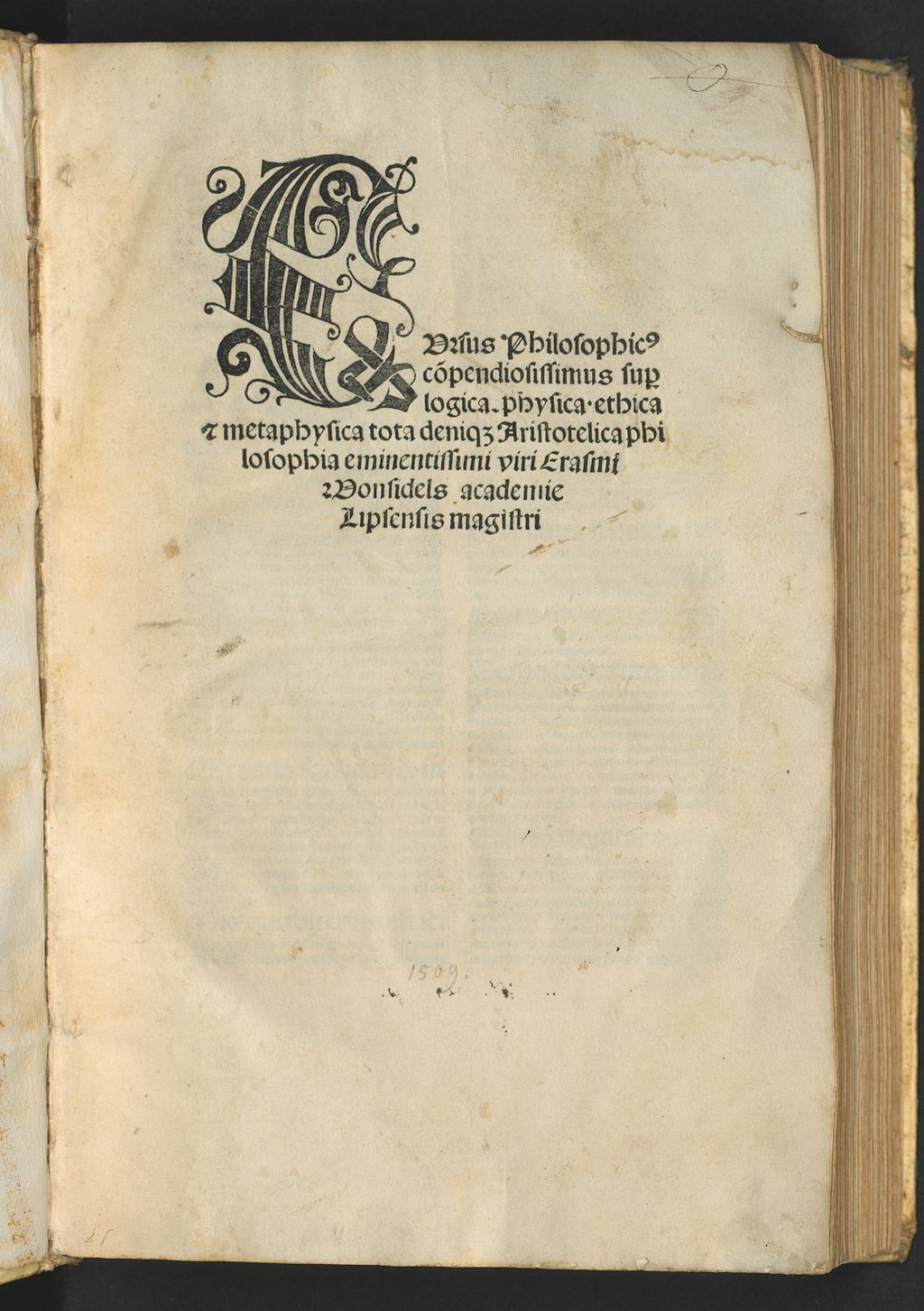Cover of Cursus Philosophic[us] co[m]pendiosissimus su[pro] logica. physica. ethica et metaphysica tota deni[que] Aristotelica philosophia eminentissimi viri Erasmi Wonsidels academie Lipsensis magistri
