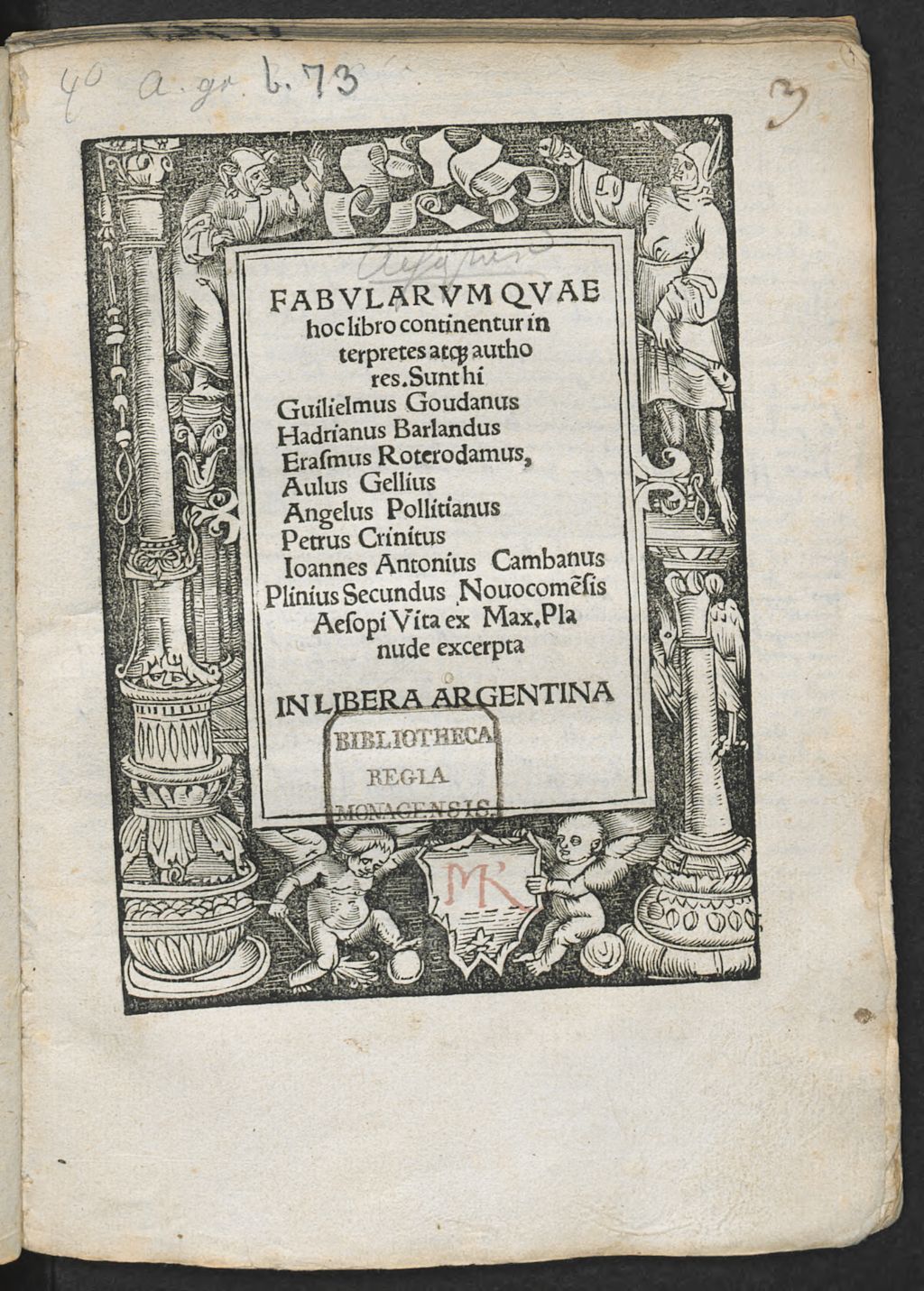 Cover of Fabularum que hoc libro continentur, interpretes atque authores sunt hi: Guil. Goudanus, H. Barlandus ... et Nic. Gerbellius Phorc