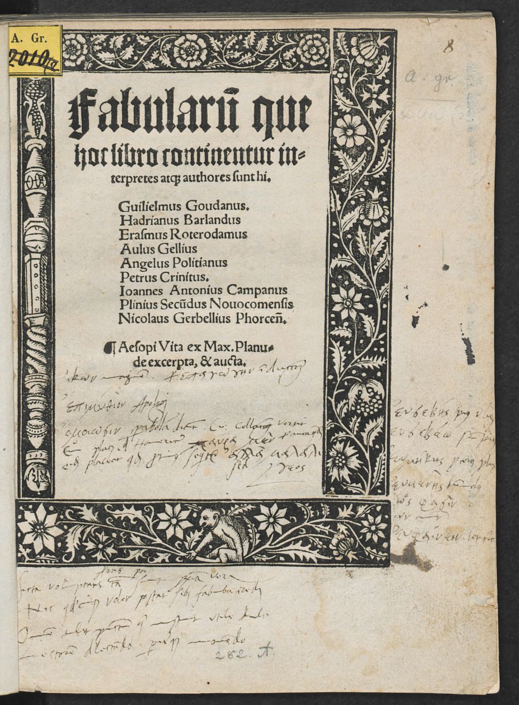 Cover of Fabularu[m] que hoc libro continentur interpretes atq[ue] authores sunt hi, Guilielmus Goudanus, Hadrianus Barlandus, Erasmus Roterodamus