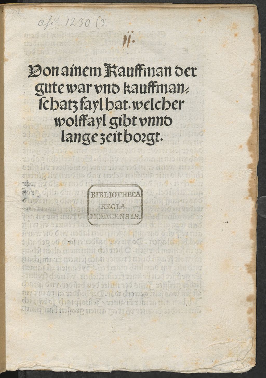Cover of Von ainem Kauffman, der gute war und kauffmanschatz fayl hat, welcher wolffayl gibt unnd lange zeit borgt