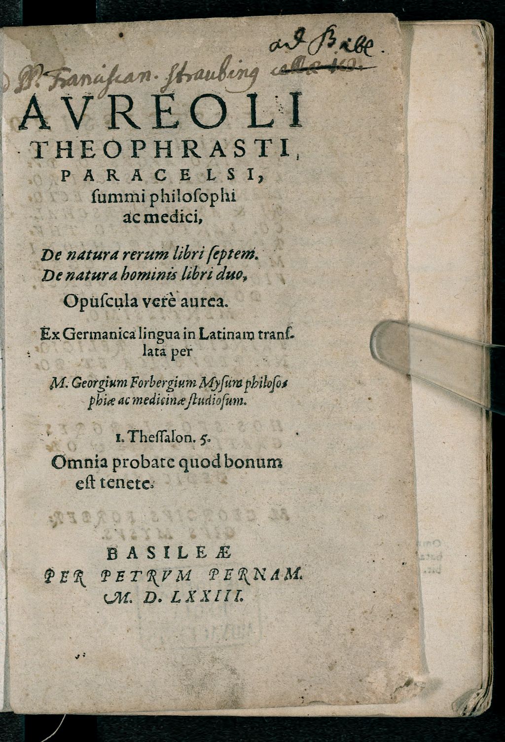 Cover of Aureoli Theophrasti Paracelsi, summi philosophi ac medici, De natura rerum
