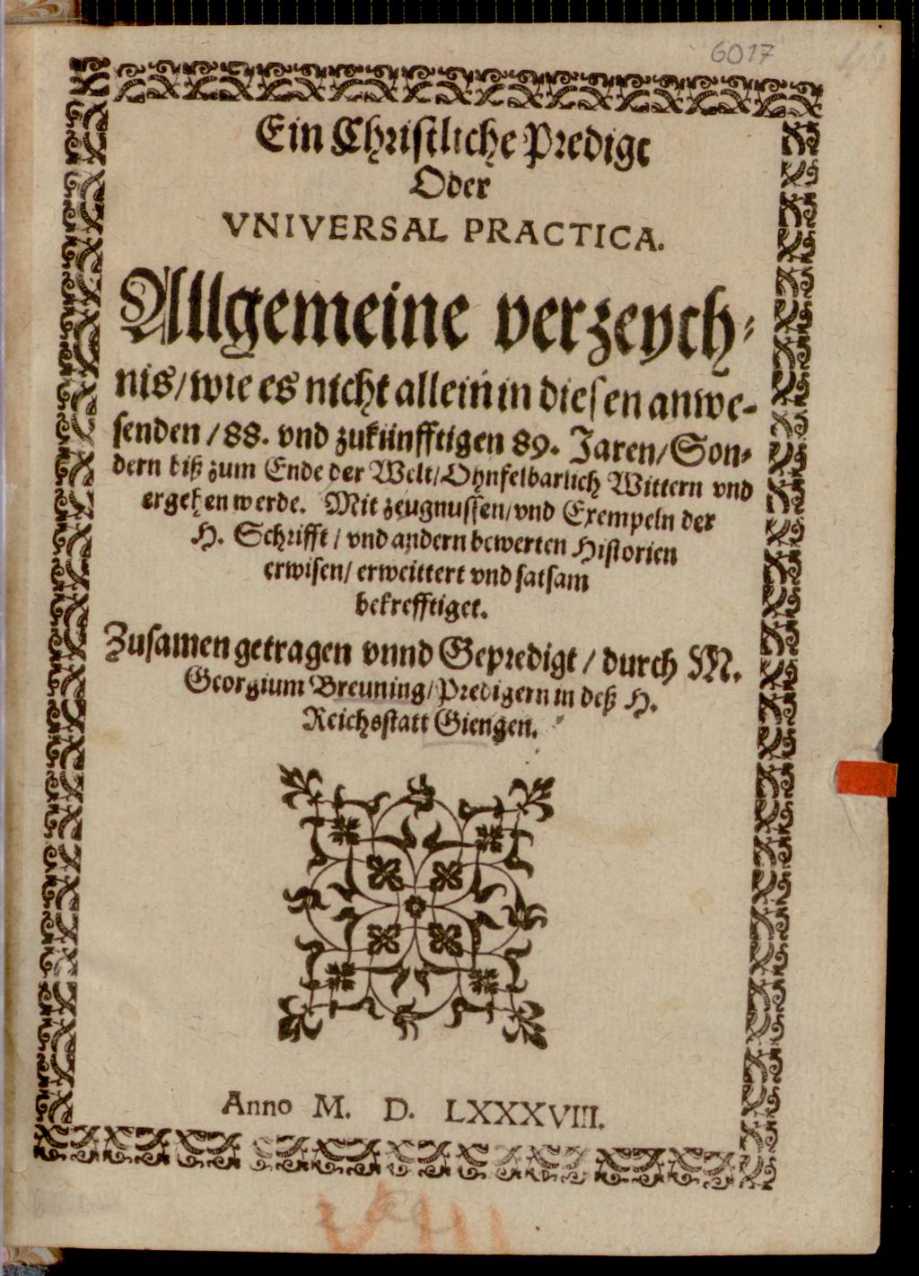 Cover of Ein Christliche Predigt Oder Vniversal Practica
