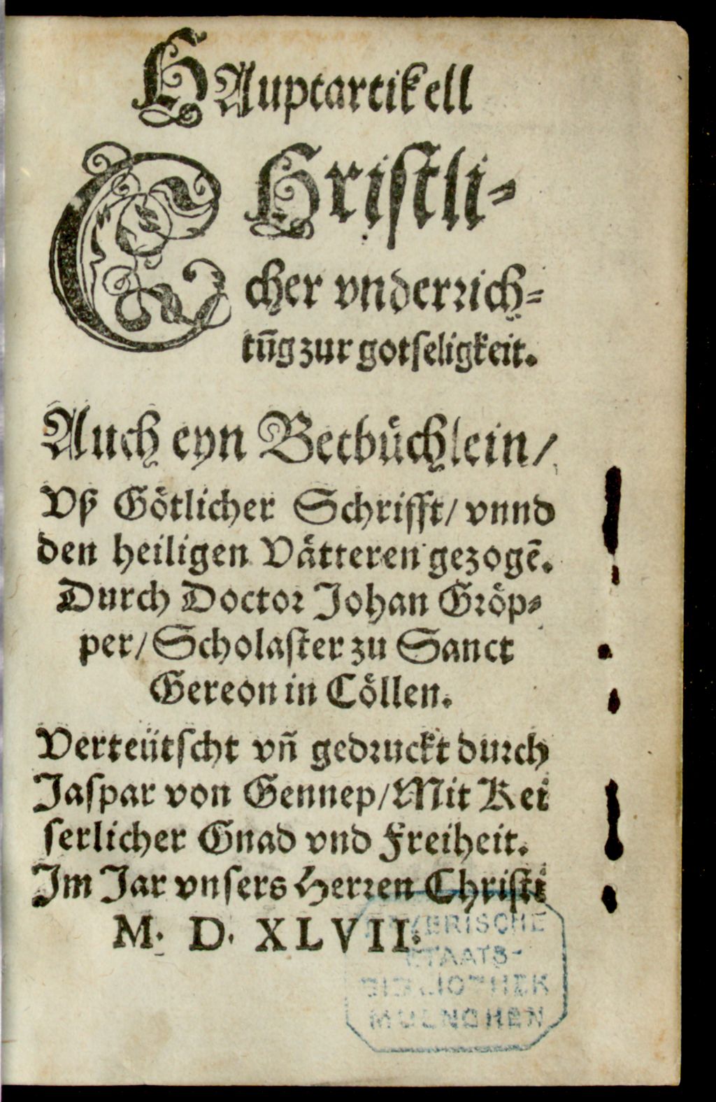Cover of Hauptartikell christlicher Underrichtung zur Gotseligkeit