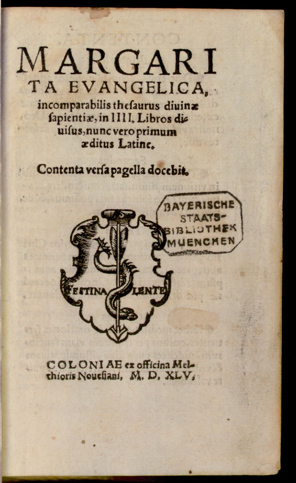 Cover of Margarita Evangelica, incomparabilis thesaurus diuinae sapientiae