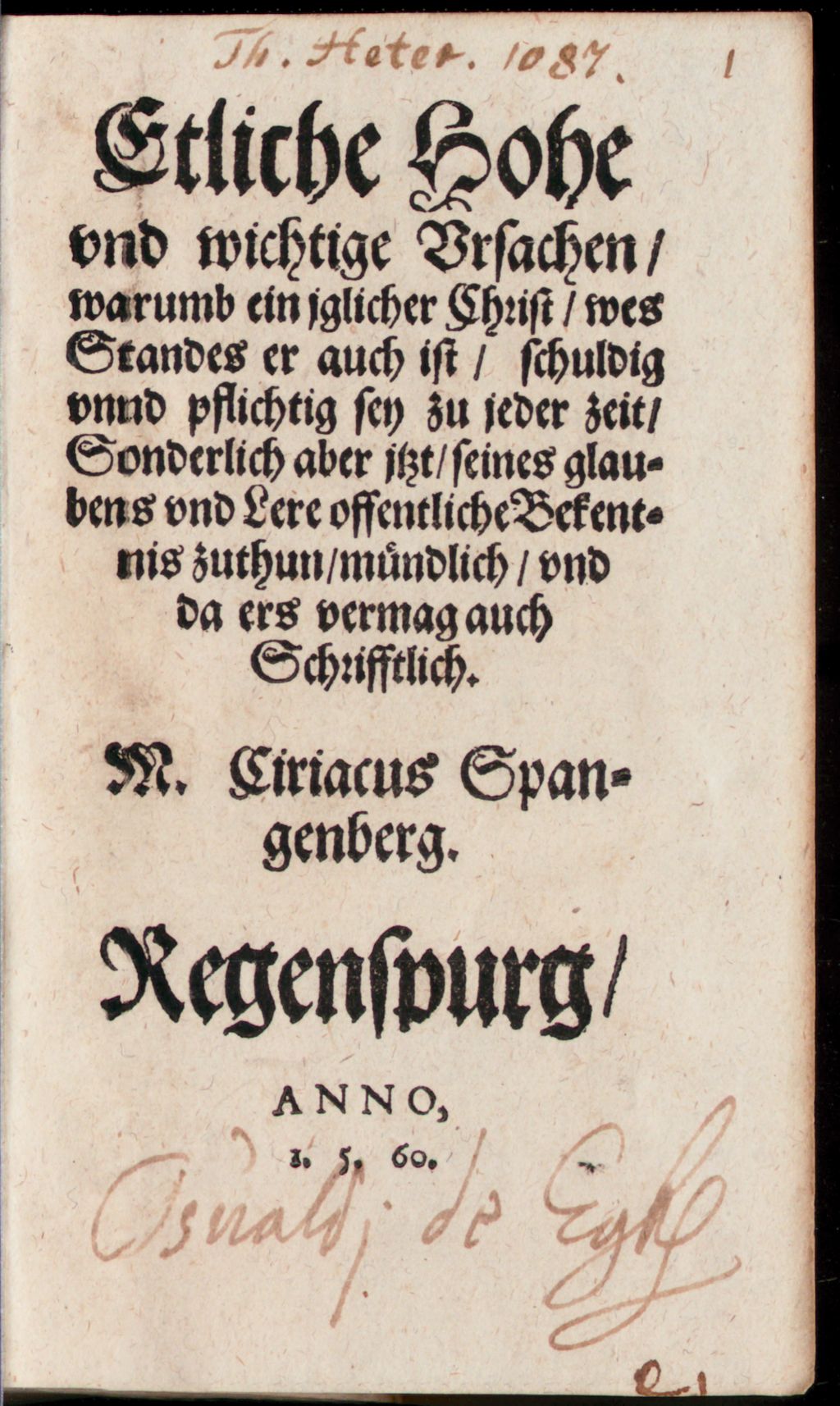Cover of Etliche Hohe und wichtige Ursachen, warumb ein iglicher Christ wes Standes er auch ist schuldig und pflichtig sey zu jeder Zeit sonderlich aber itzt seinens Glaubens und Lere offentliche Bekentnis zuthun, mündlich und da ers vermag auch schrifftlich