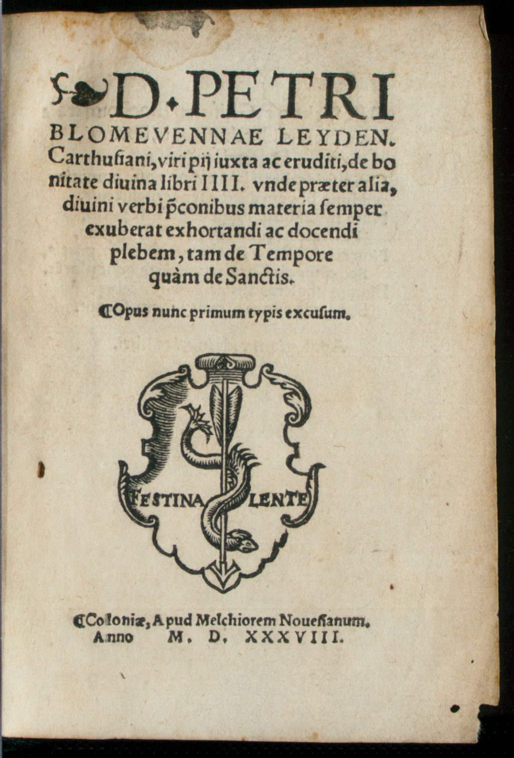 Cover of D. Petri Blomevennae Leyden. Carthusiani, ... de bonitate diuina libri IIII