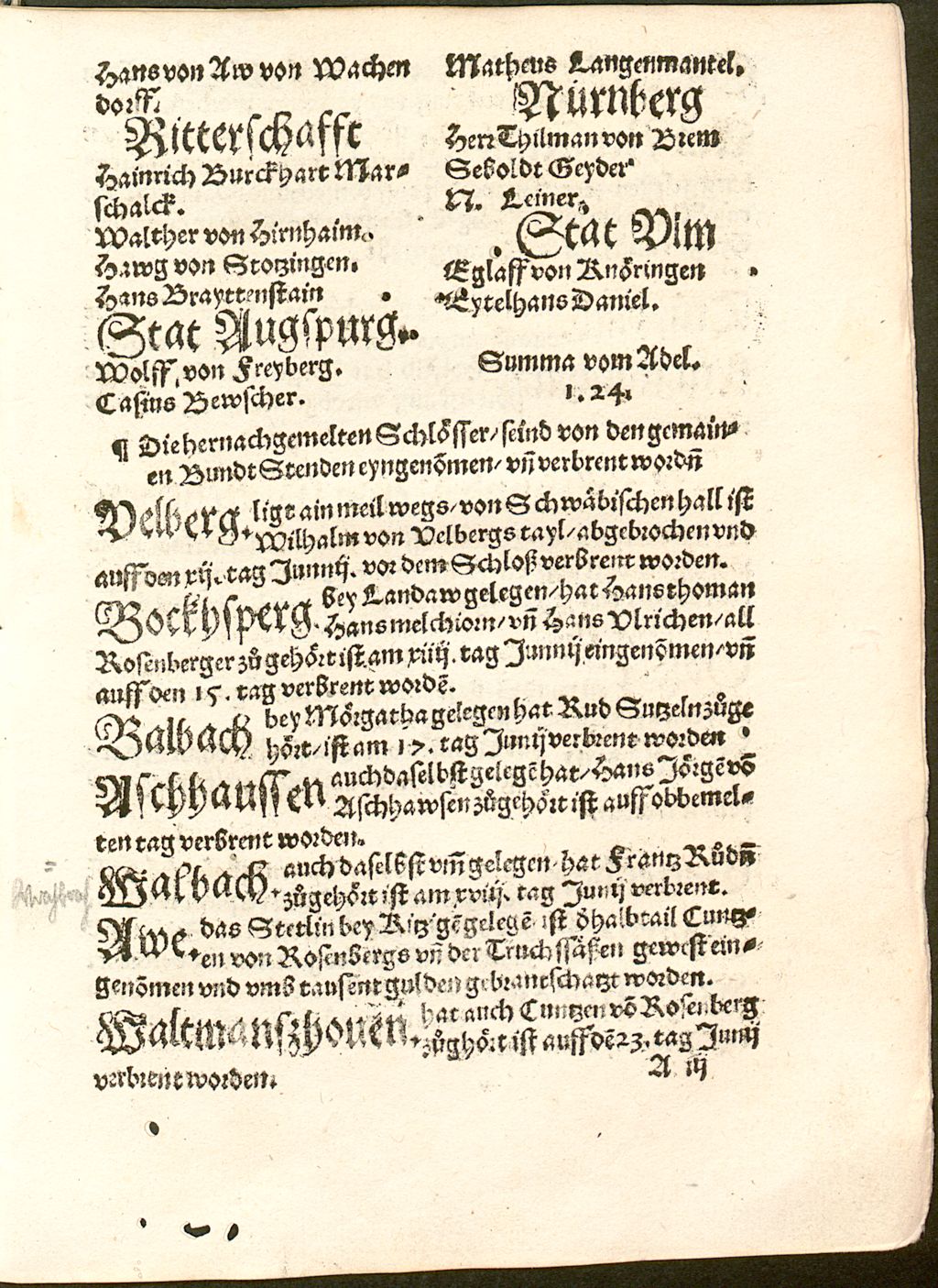 Cover of Namen un[d] sum[m]a deren vom Adel so auf de[n] Frenckische[n] zug vesöldt seyndt worden, Auch welche vnd wie vil Schlösser von gemainen Bundtsstenden eyngenommen vnnd verbrent seind