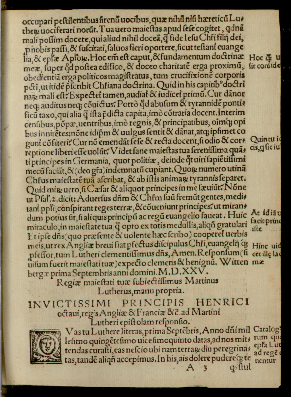 Cover of Literaru[m], quibus inuictissim[us] princeps, He[n]ricus octauus, rex Angliae & Francae, dominus Hyberniae, ac fidei defensor respondit, ad quandam epistola[m] Martini Lutheri, ad se missam, & ipsius Lutheranae quoq[ue] epistolae exemplum