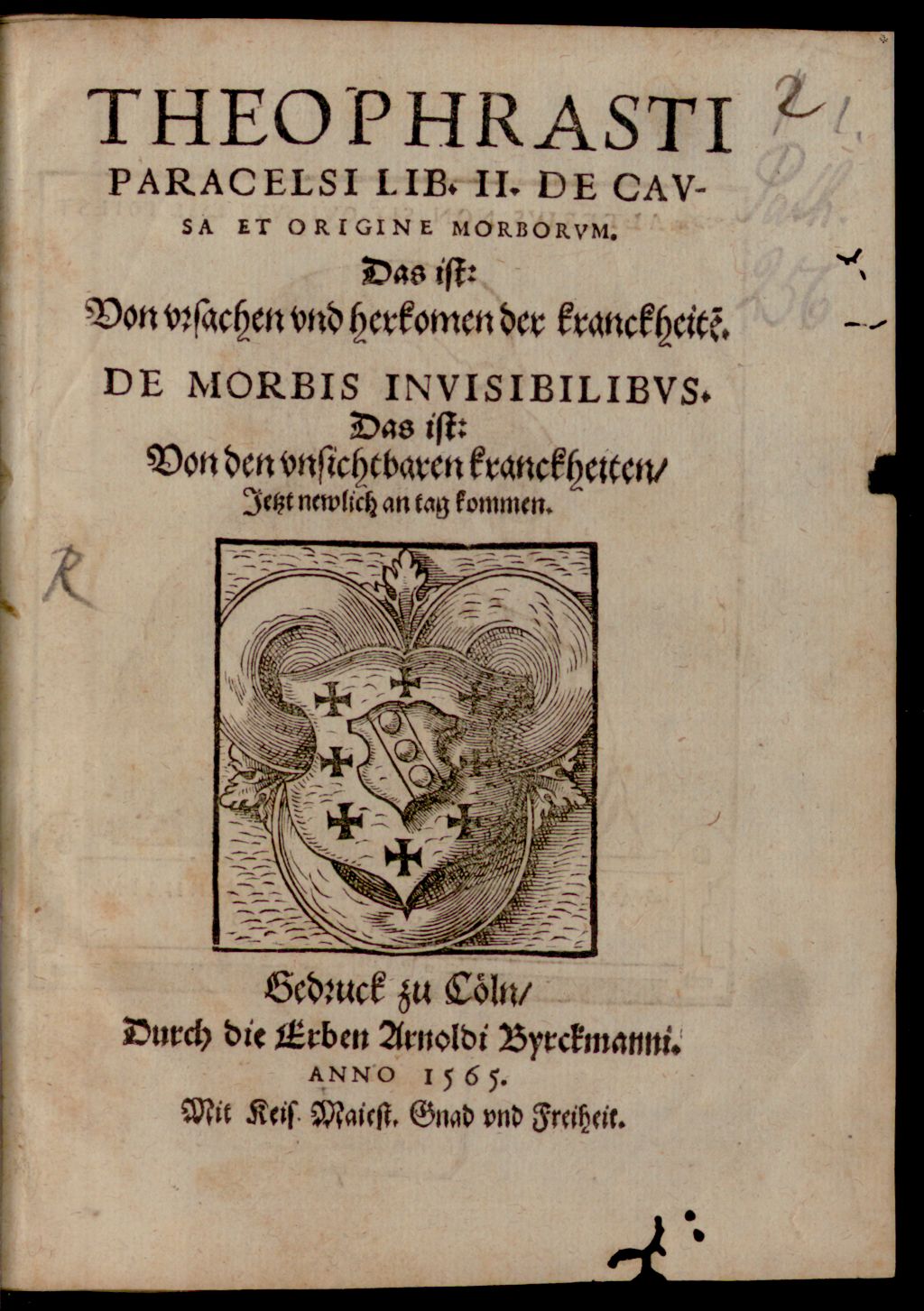 Cover of Theophrasti Paracelsi Lib. II. De Causa Et Origine Morborum. Das ist: Von ursachen und herkomen der kranckheite[n]