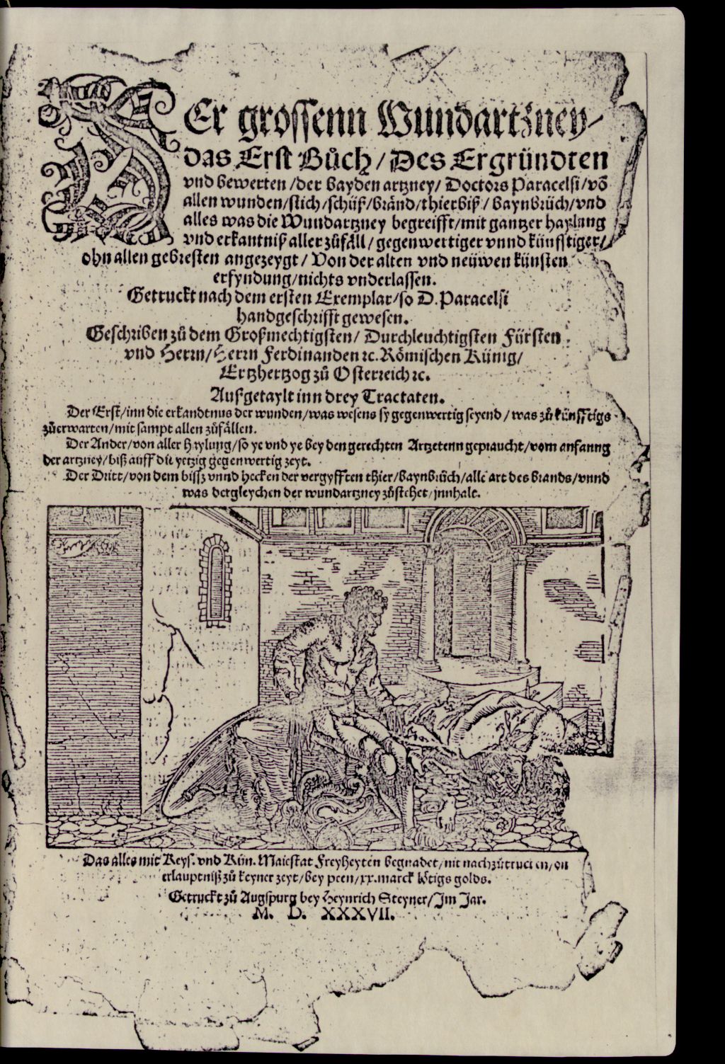 Cover of Der grossenn Wundartzney, das ... Buch, Des Ergründten und bewerten, der bayden artzney, Doctors Paracelsi. 1, Vo[n] allen wunden, stich, schüß, bränd, thierbiß, baynbrüch, und alles was die Wundartzney begreifft, mit gantzer haylung und erkantniß aller zufäll, gegenwärtiger und künfftiger, ohn allen gebresten angezeygt, Von der alten unnd neüwen künsten erfyndung, nichts underlassen
