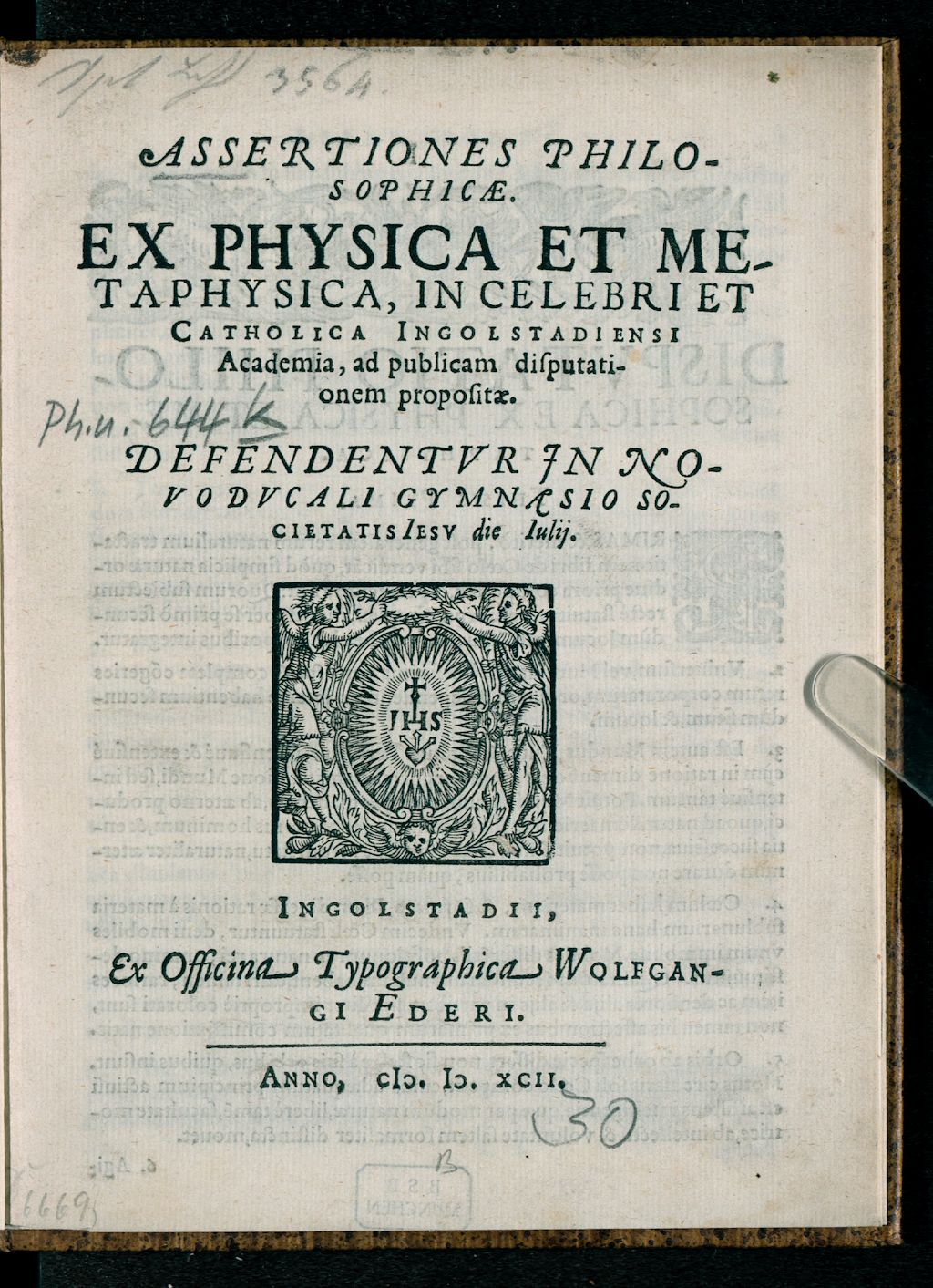 Cover of Assertiones philosophicae ex physica et metaphysica