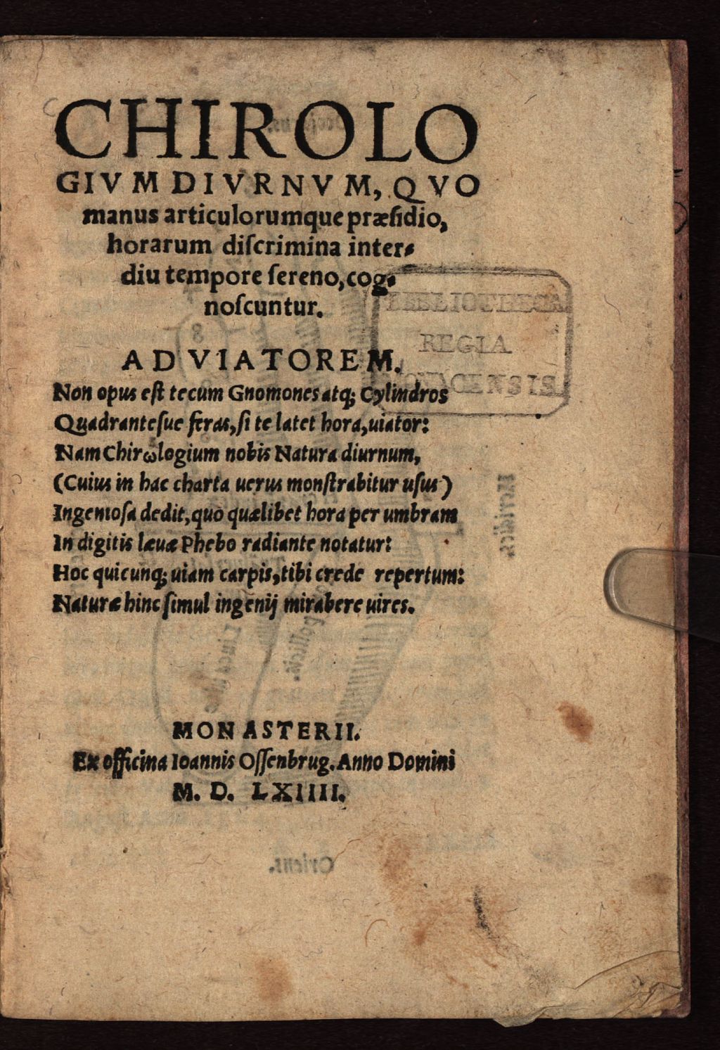 Cover of Chirologium diurnum quo manus articulorumque praesidio, horarum discrimina interdiu tempore sereno, cognoscuntur