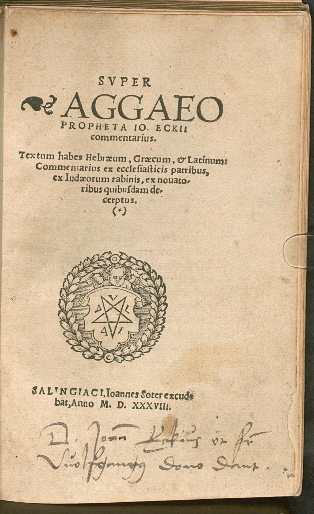 Cover of Svper Aggaeo Propheta Io. Eckii commentarius