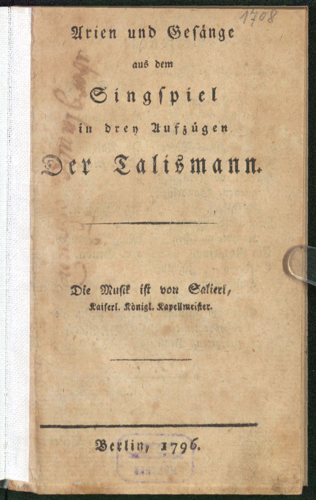 Cover of Arien und Gesänge aus dem Singspiel in drey Aufzügen Der Talisman