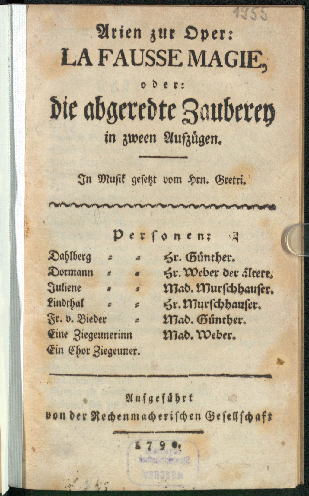 Cover of Arien zur Oper: La Fausse Magie , oder: die abgeredte Zauberey