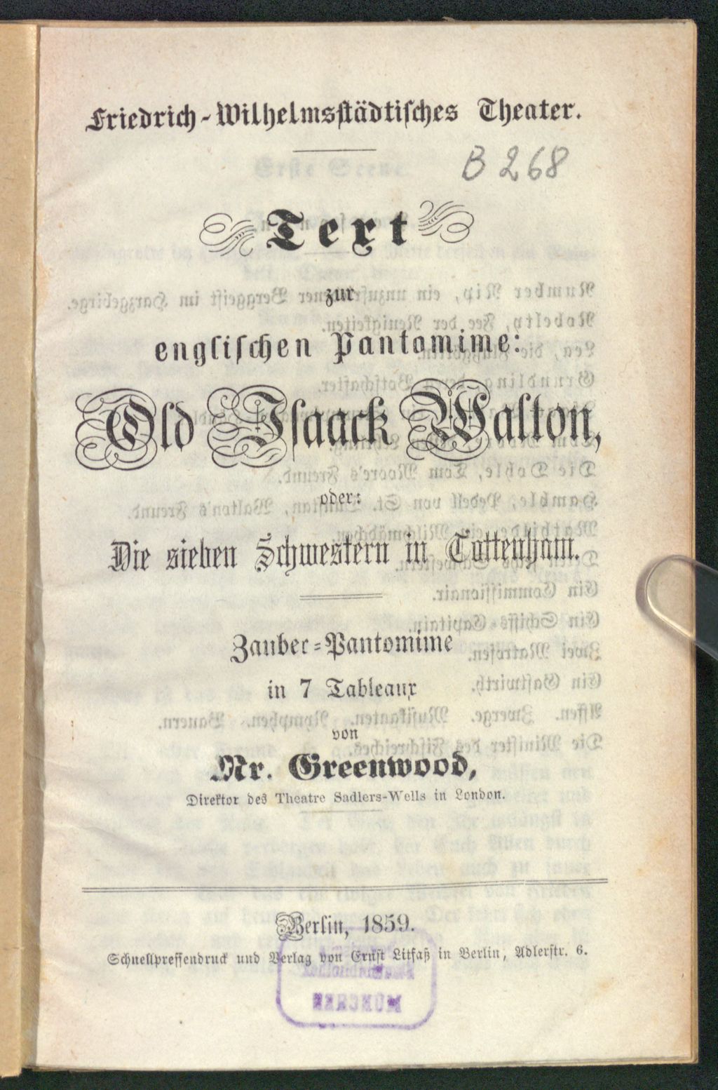 Cover of Text zur englischen Pantomime: Old Isaack Walton, oder: Die sieben Schwestern in Tottenham
