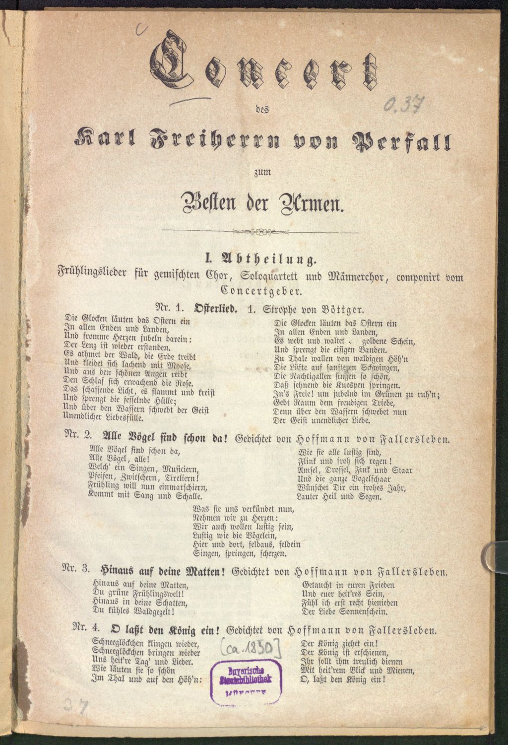 Cover of Concert des Karl Freiherrn von Perfall zum Besten der Armen