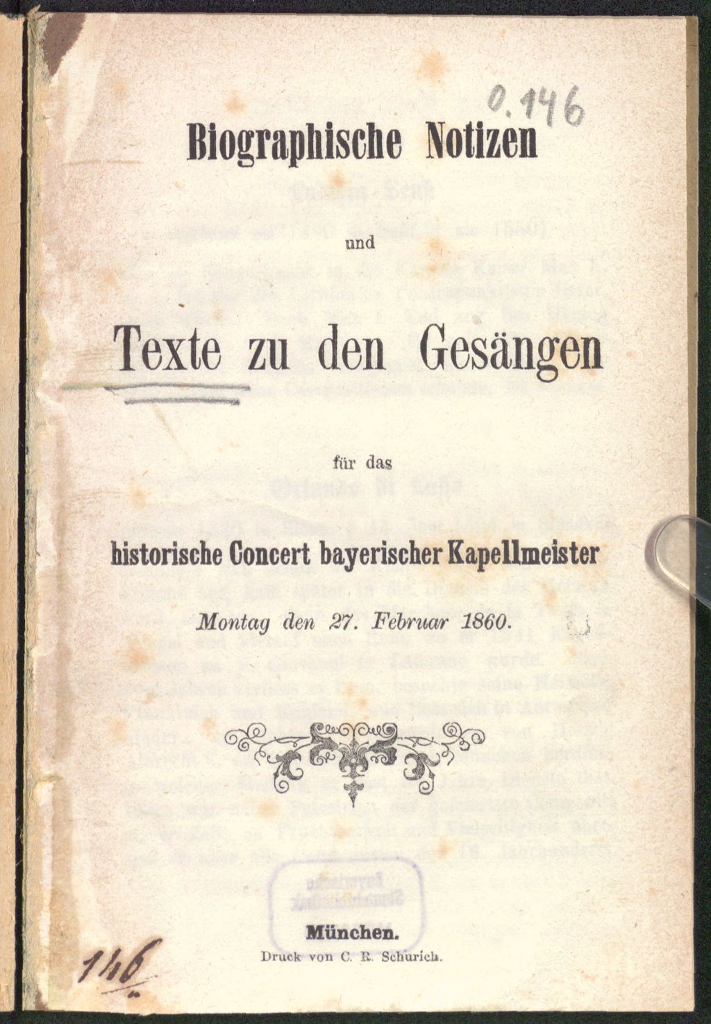 Cover of Biographische Notizen und Texte zu den Gesängen für das historische Concert bayerischer Kapellmeister Montag den 27. Februar 1860