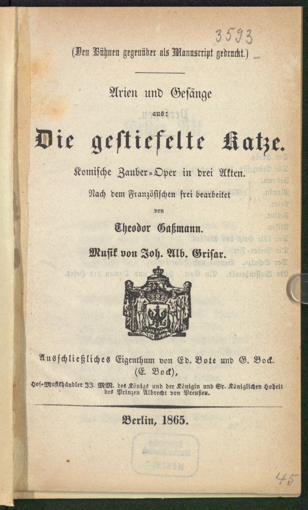 Cover of Arien und Gesänge aus: Die gestiefelte Katze