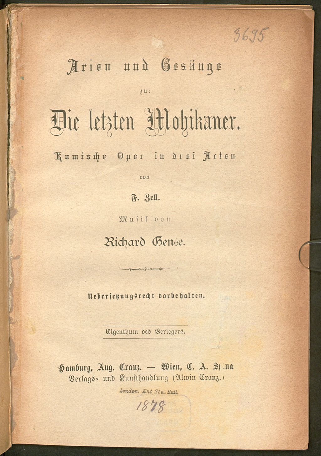 Cover of Arien und Gesänge zu: Die letzten Mohikaner