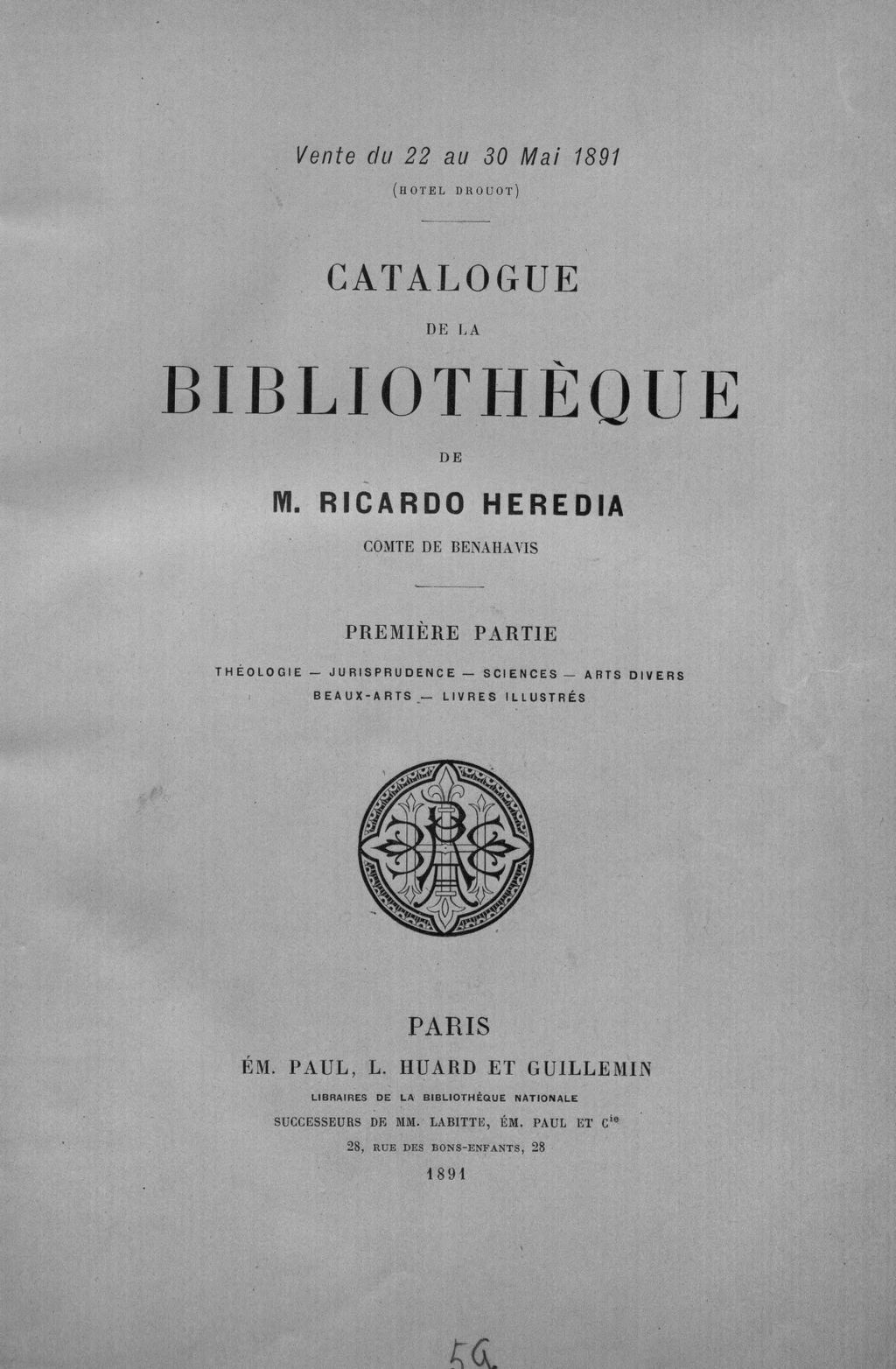 Cover of Catalogue de la bibliothèque de Monsieur Ricardo Heredia, Comte de Benahavis