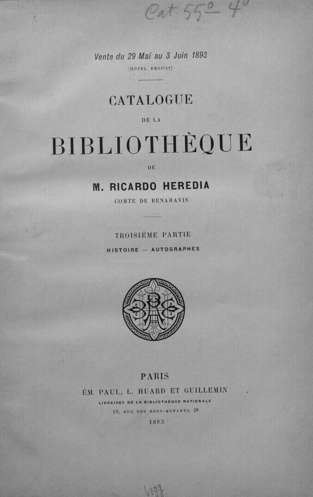 Cover of Catalogue de la bibliothèque de Monsieur Ricardo Heredia, Comte de Benahavis