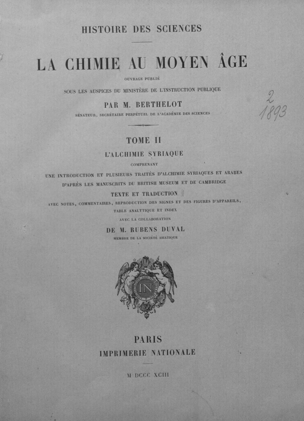 Cover of La chimie au moyen âge. 2, L' alchimie syriaque