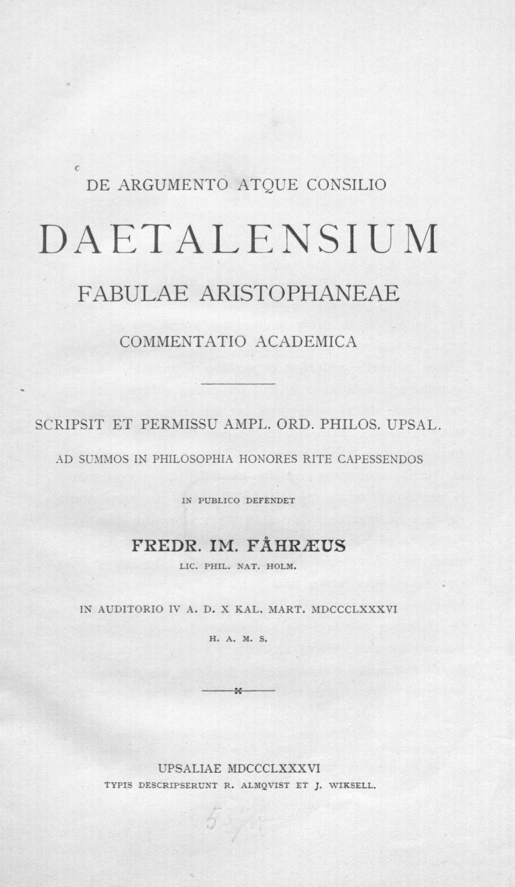 Cover of De argumento atque consilio Daetalensium fabulae Aristophaneae