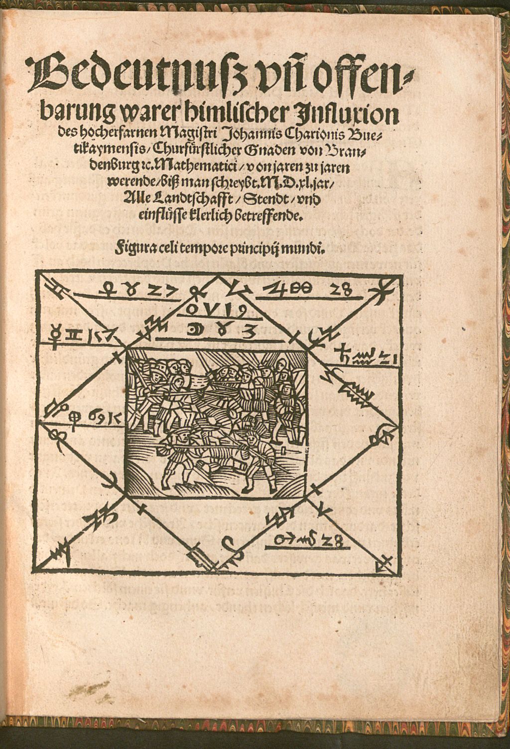 Cover of Bedeutnusz vn[d] offenbarung warer himlischer Jnfluxion des hocherfarnen Magistri Johannis Charionis Buetikaymensis, Churfürstlicher Gnaden von Brandenburg [et]c. Mathematici, von jaren zu jaren werende, biß man schreybt. M.D.xl. jar, Alle Landtschafft, Stendt, vnd einflüsse klerlich betreffende