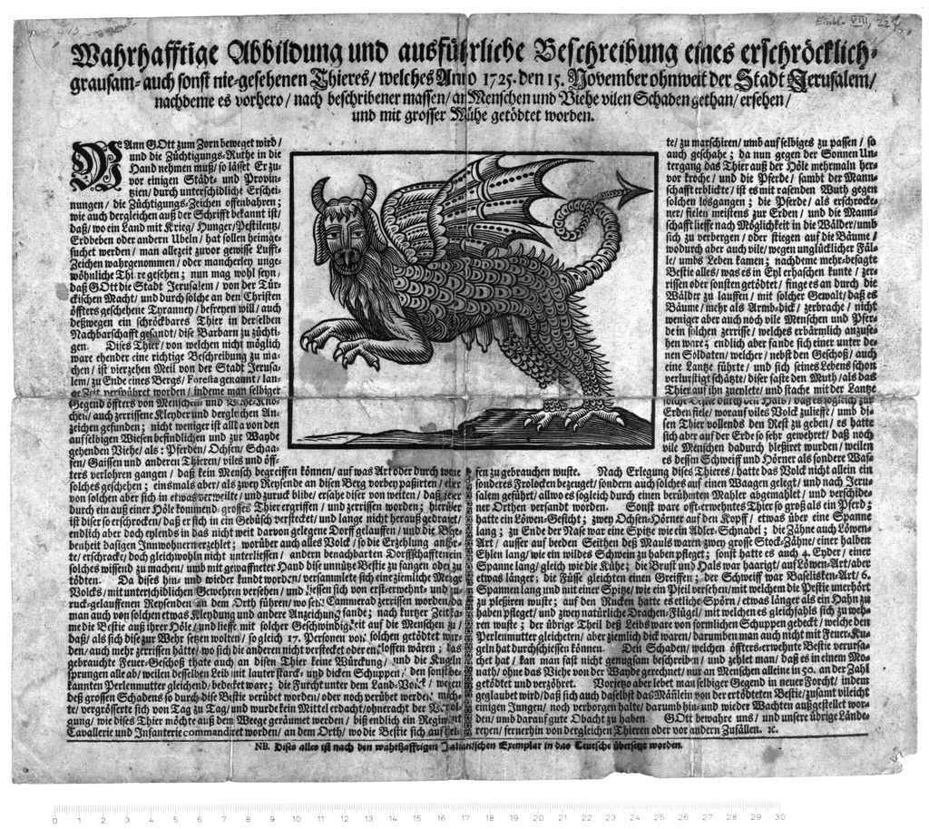 Cover of Wahrhafftige Abbildung und ausführliche Beschreibung eines erschröcklich-grausam- auch sonst nie-gesehenen Thieres, welches Anno 1725. den 15. November ohnweit der Stadt Jerusalem, nachdeme es vorhero, nach beschribener massen, an Menschen und Viehe vilen Schaden gethan, ersehen, und mit grosser Mühe getödtet worden