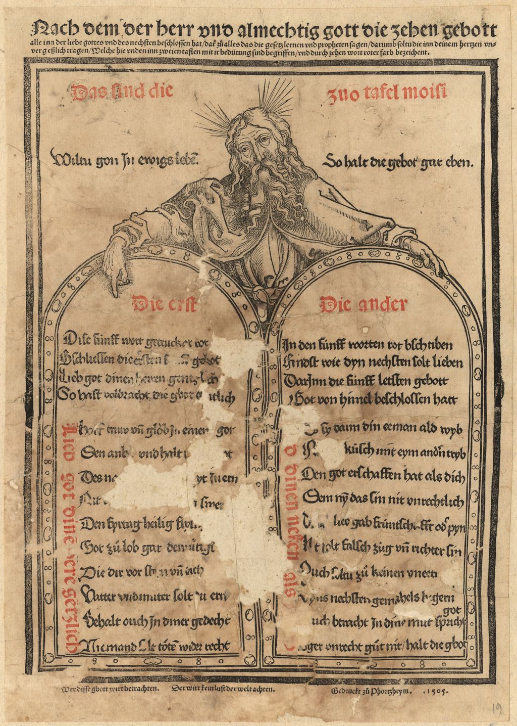 Cover of Nach dem der herr und almechtig gott die zehen gebott alle in der liebe gottes und des nechsten beschlossen hat, dar zu° alles das die gesetz lernen und propheten sagen , darumb soltu die inn deinem hertzen unvergeßlich tragen, Welche hie unden inn zweien taflen mit ir bedütung sind begriffen, und durch zehen wort roter farb bezeichent