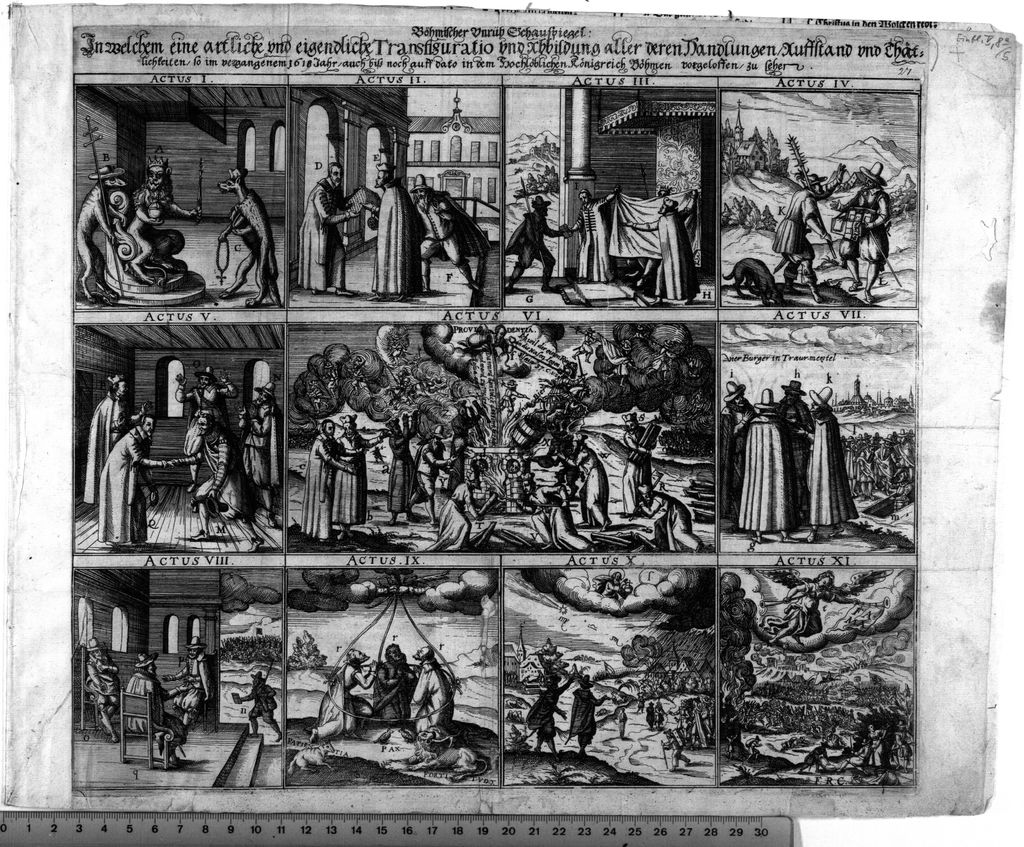 Cover of Böhmischer Vnrüh Schauspiegel: In welchem eine artliche und eigendliche Transfiguratio vnd Abbildung aller deren Handlungen, Auffstand und Thätlichkeiten so im vergangenem 1618 Jahr, auch biß noch auff dato in dem Hochlöblichen Königreich Böhmen vorgeloffen, zu sehen