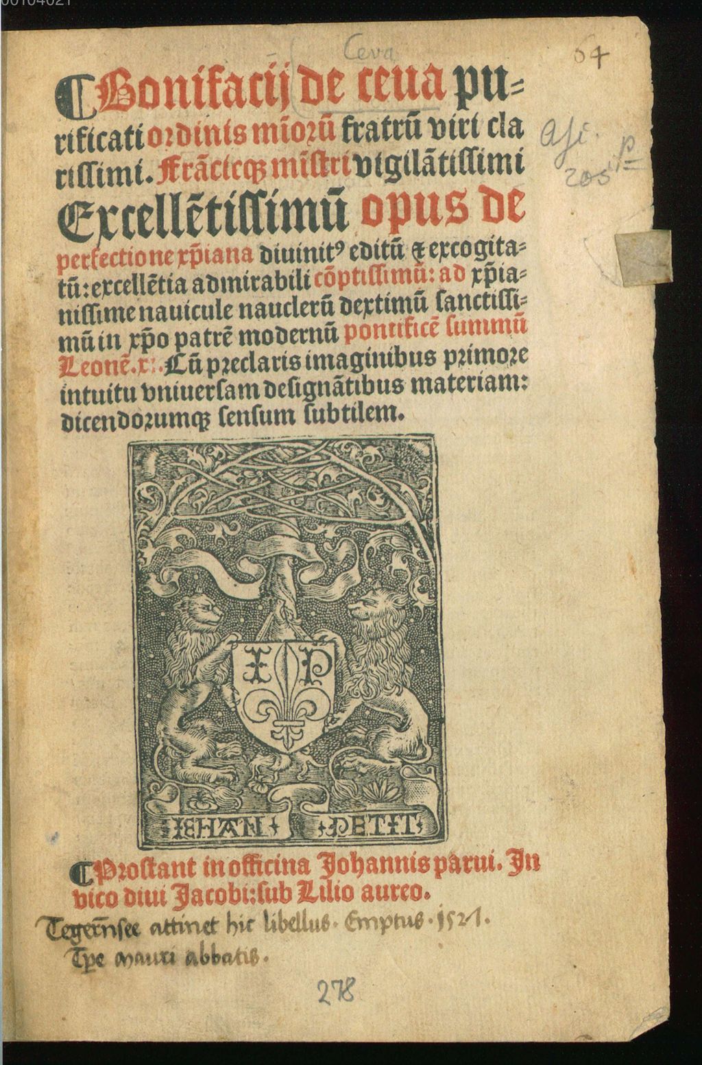 Cover of Bonifacii de ceua purificati ordinis mi[n]oru[m] fratru[m] viri clarissimi ... Opus de perfectione [christ]iana ... cu[m] preclaris imaginibus primore intuito vniuersam designa[n]tibus materiam