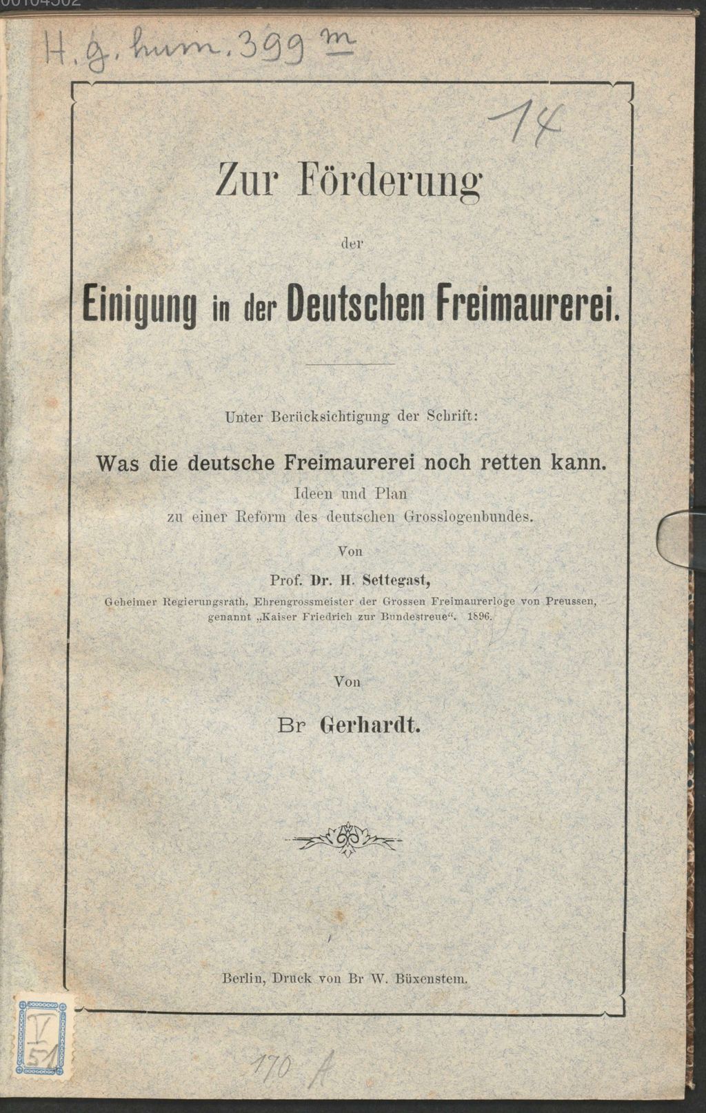 Cover of Zur Förderung der Einigung in der Deutschen Freimaurerei
