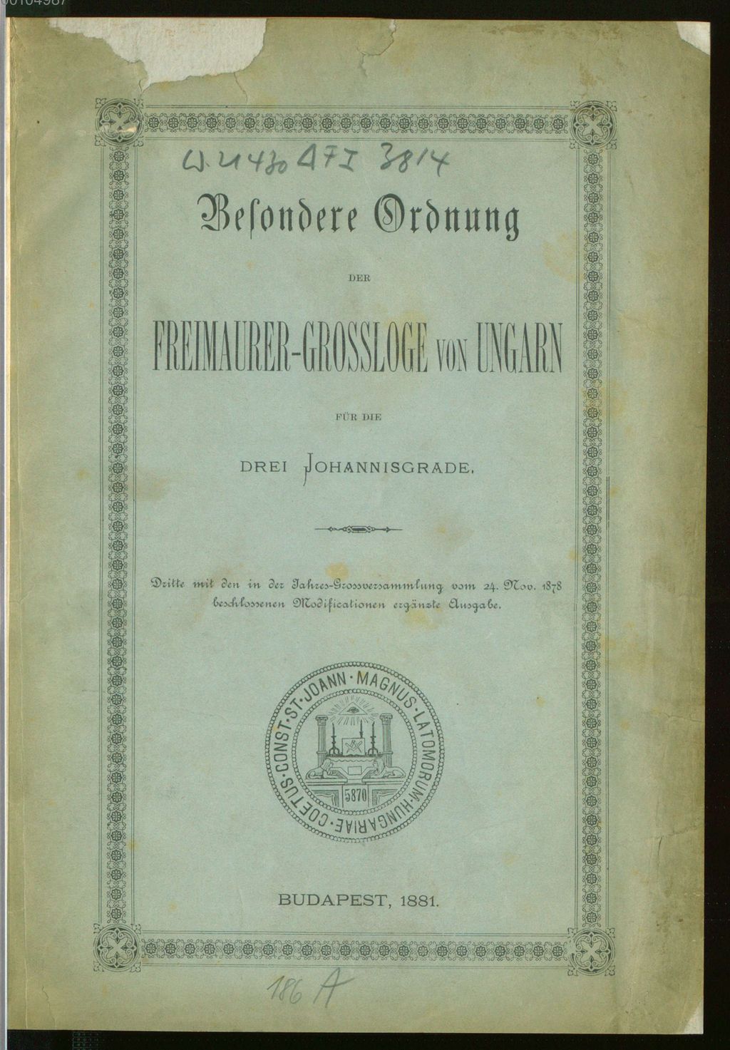 Cover of Besondere Ordnung der Freimaurer -Grossloge von Ungarn für die drei Johannisgrade