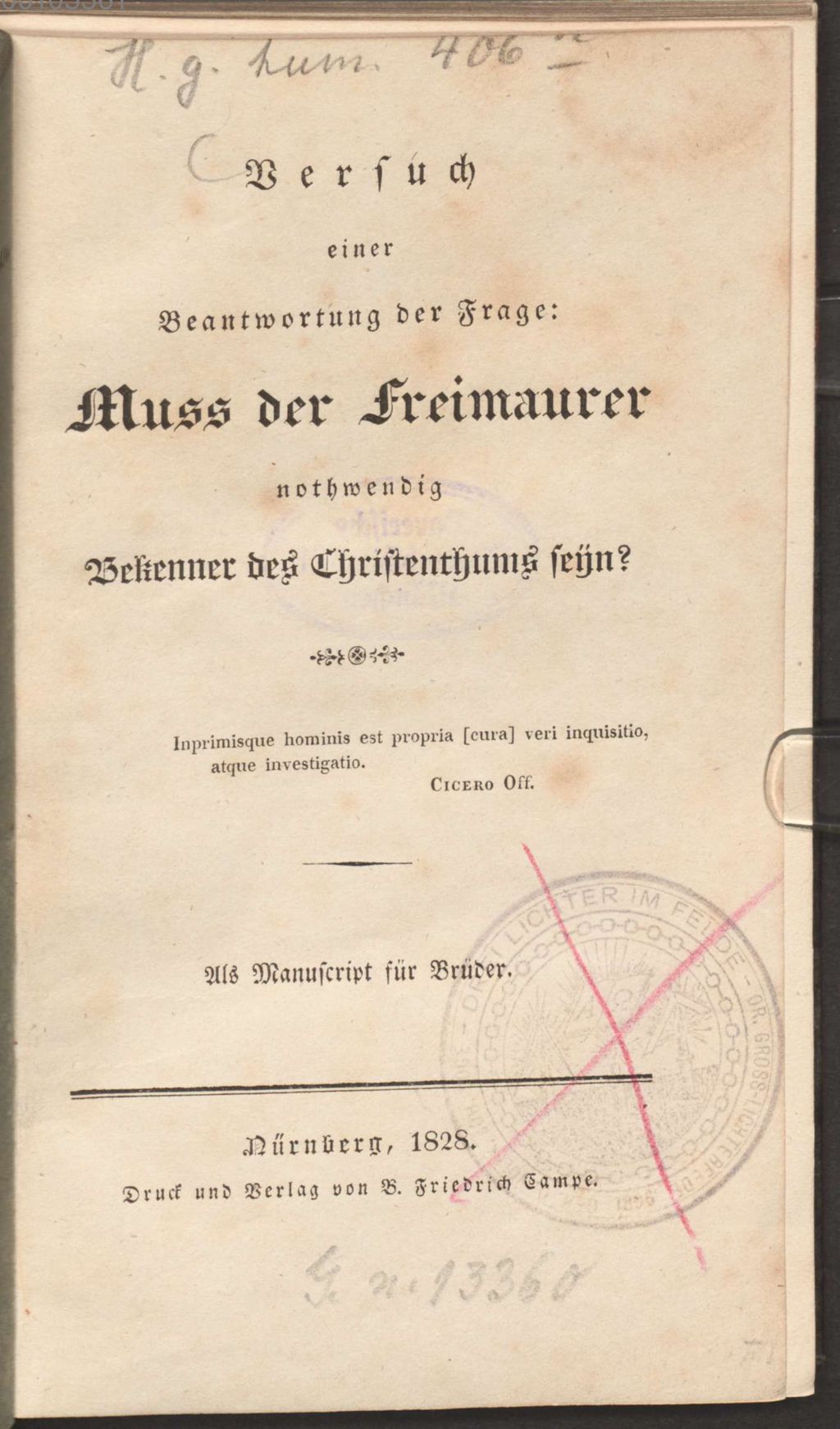 Cover of Versuch einer Beantwortung der Frage: Muss der Freimaurer nothwendig Bekenner des Christenthums seyn?
