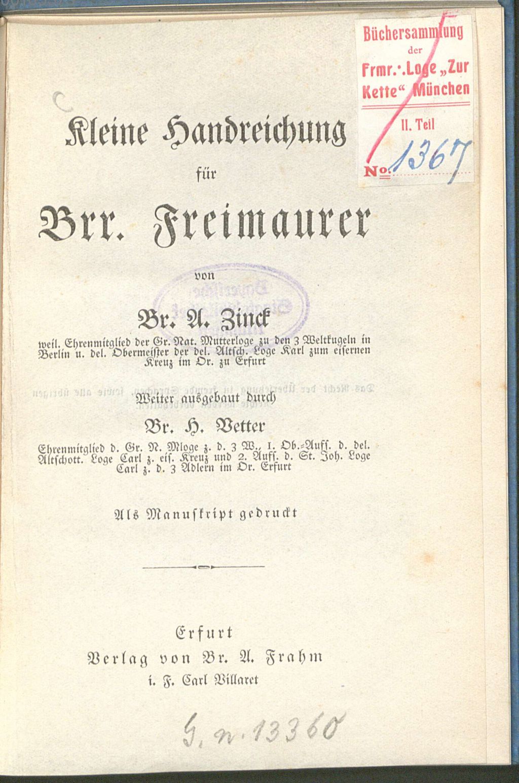 Cover of Kleine Handreichung für Brr. Freimaurer