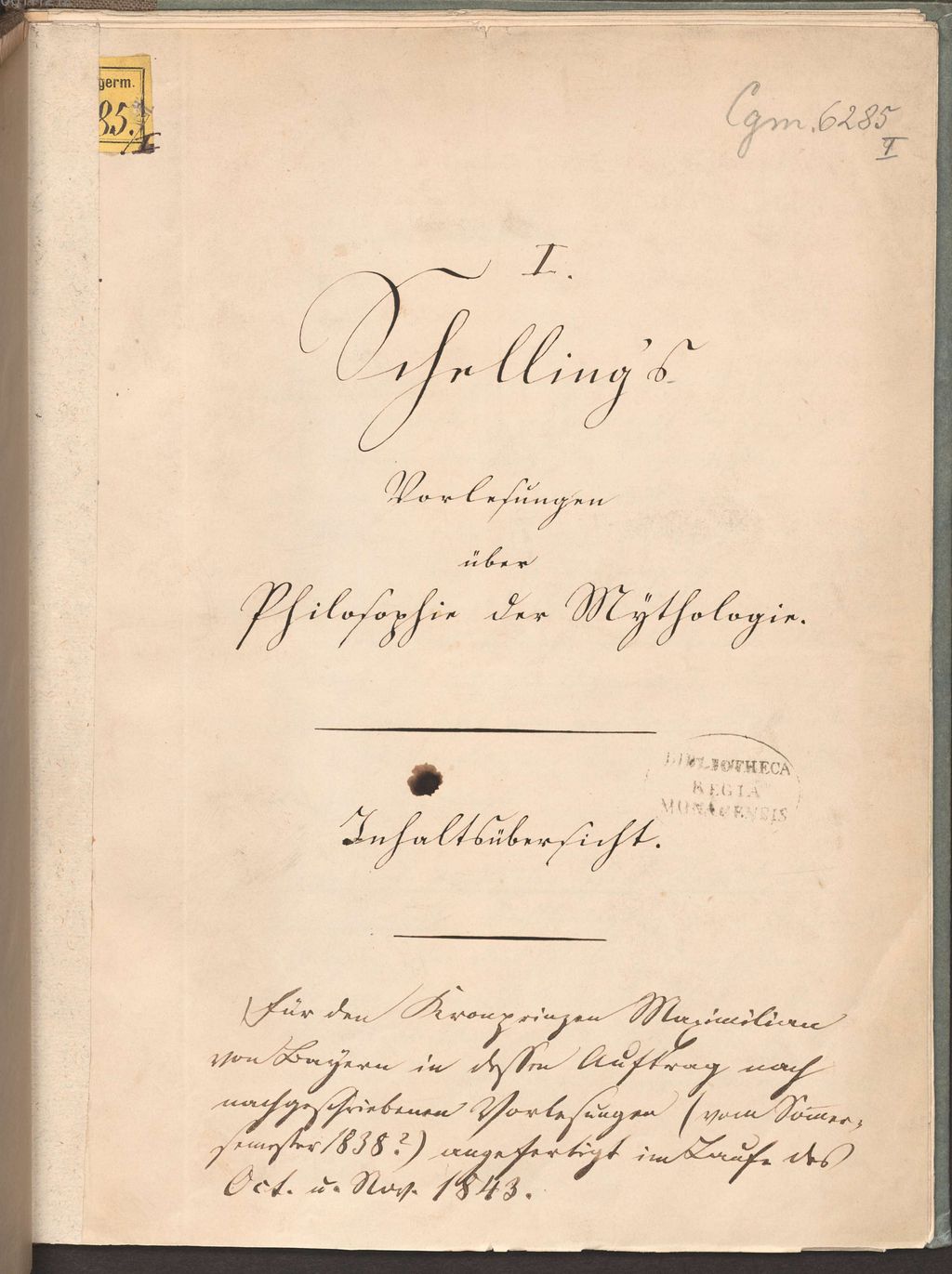 Cover of Inhaltsübersicht von F. Schellings Vorlesungen über Philosophie der Mythologie - BSB Cgm 6285