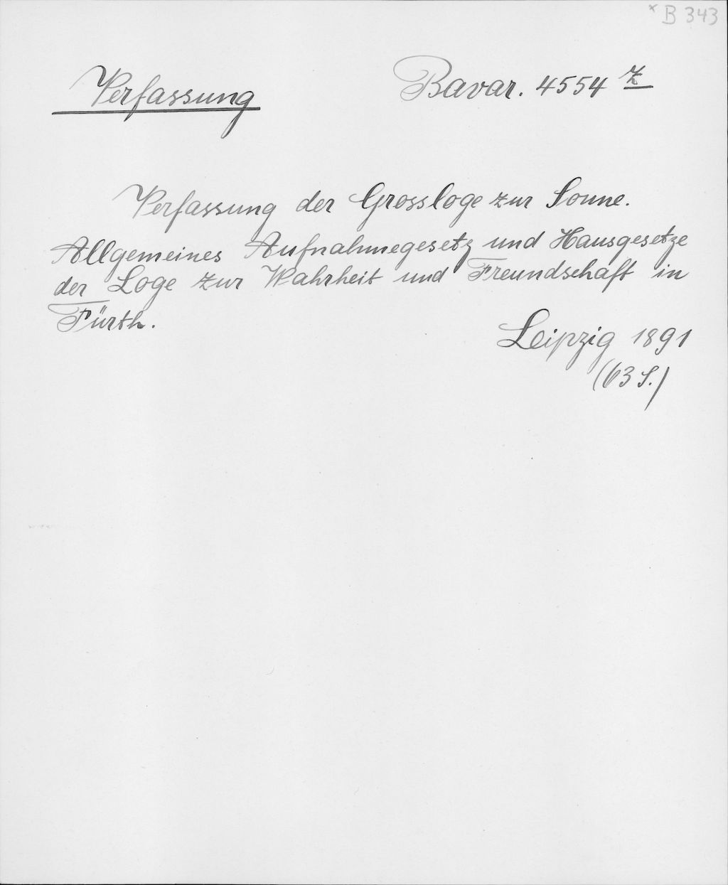 Cover of Alter Realkatalog (1501-1952), Teil Bayern. 343, Freireligiöse Gemeinden und Organisationen; Freimaurer - BSB Cbm Cat. 805(1 b 343