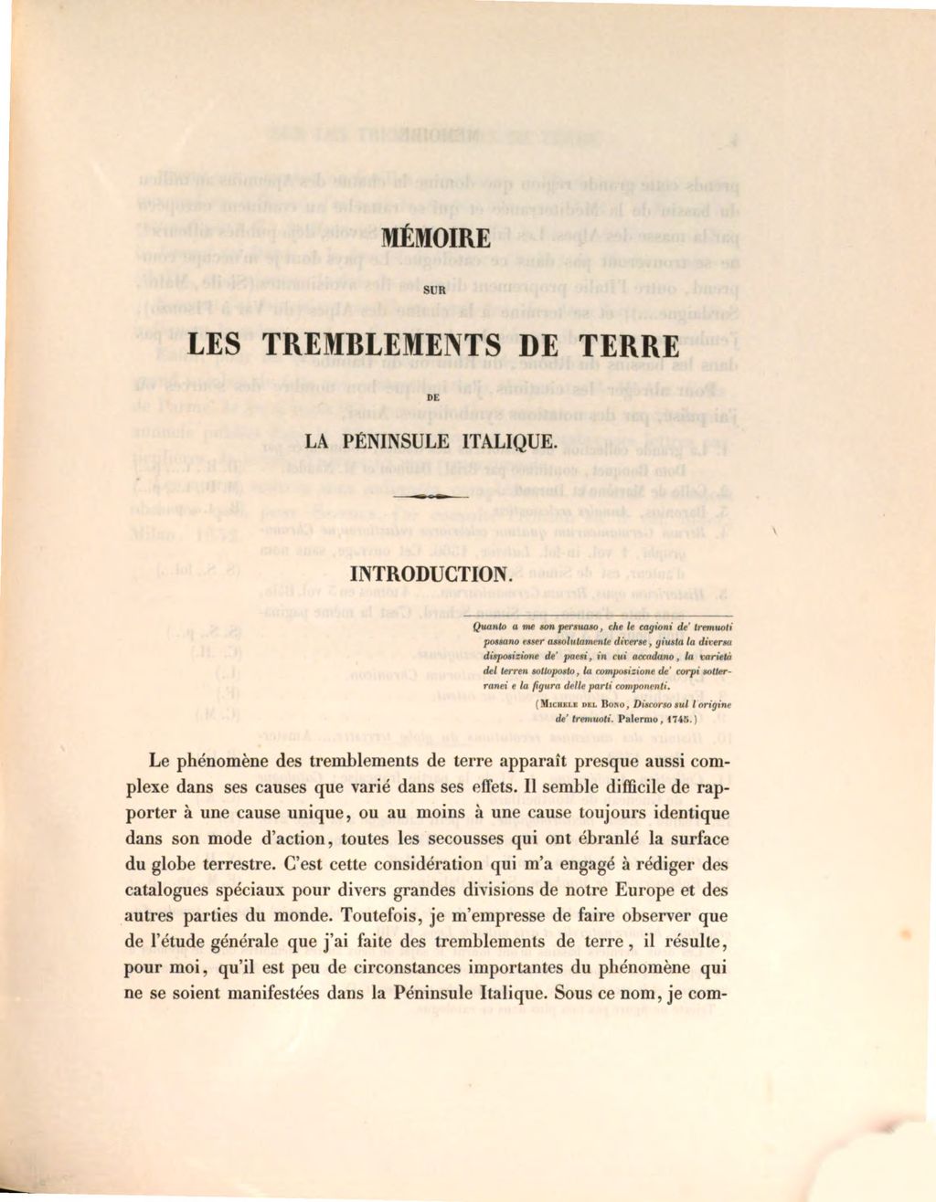 Cover of Mémoire sur les tremblements de terre de la Péninsule Italique