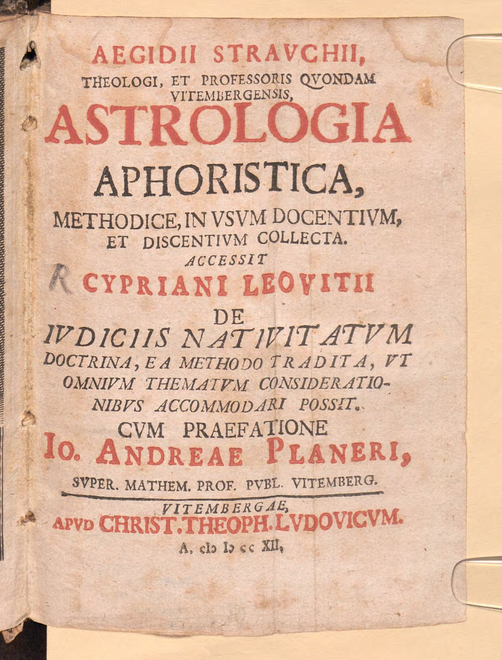Cover of Aegidii Stravchii, Theologi, Et Professoris Qvondam Vitembergensis, Astrologia Aphoristica