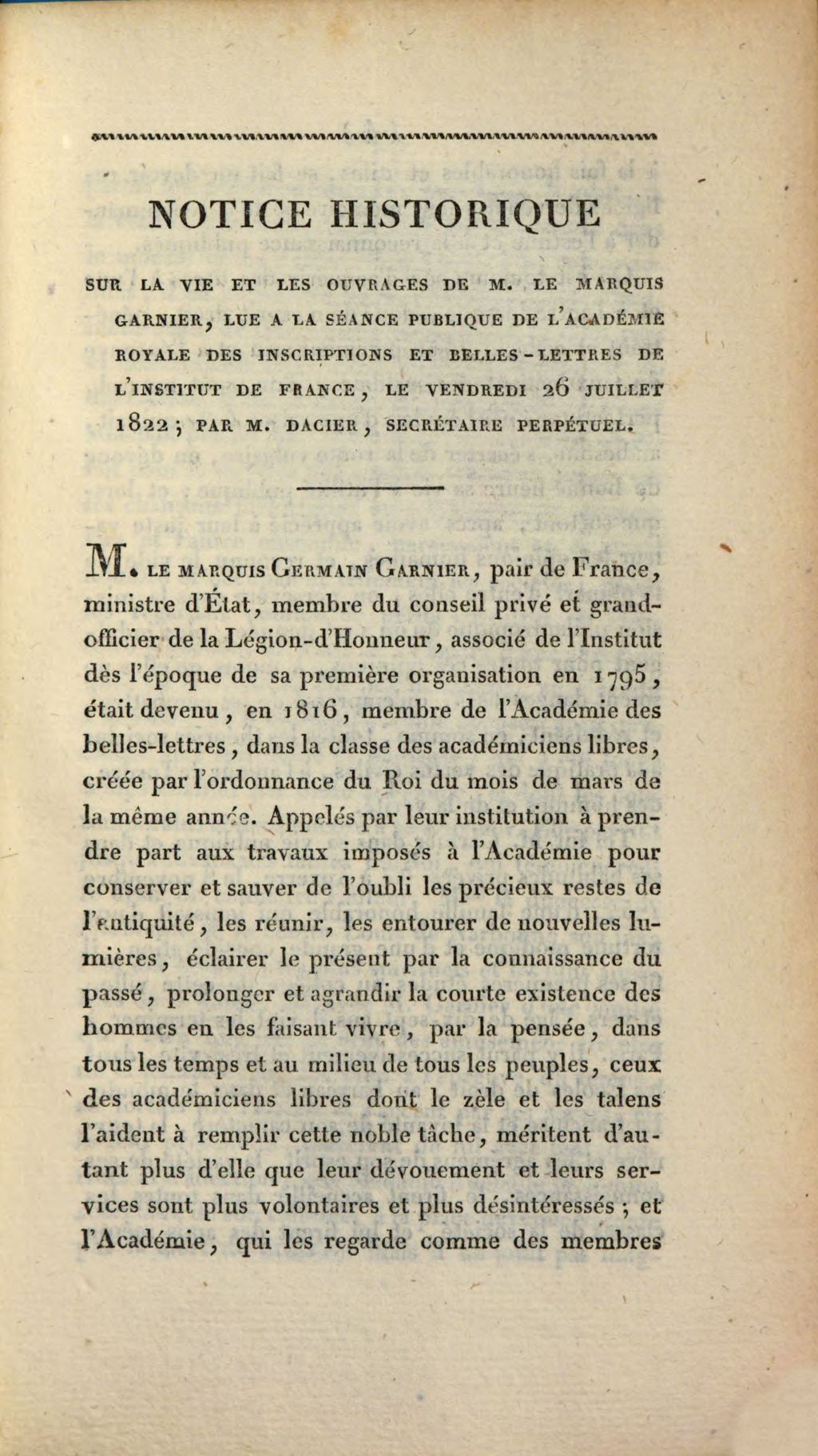 Cover of Notice historique sur la vie et les ouvrages de M. le marquis Garnier