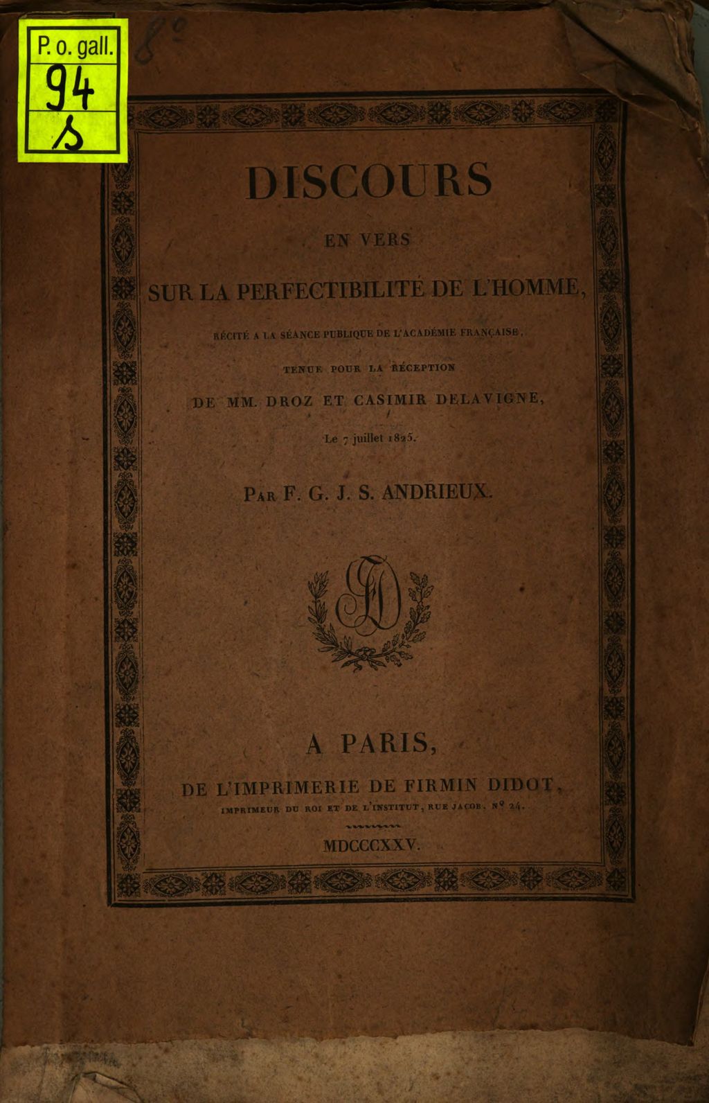 Cover of Discours en vers sur la perfectibilité de l'homme
