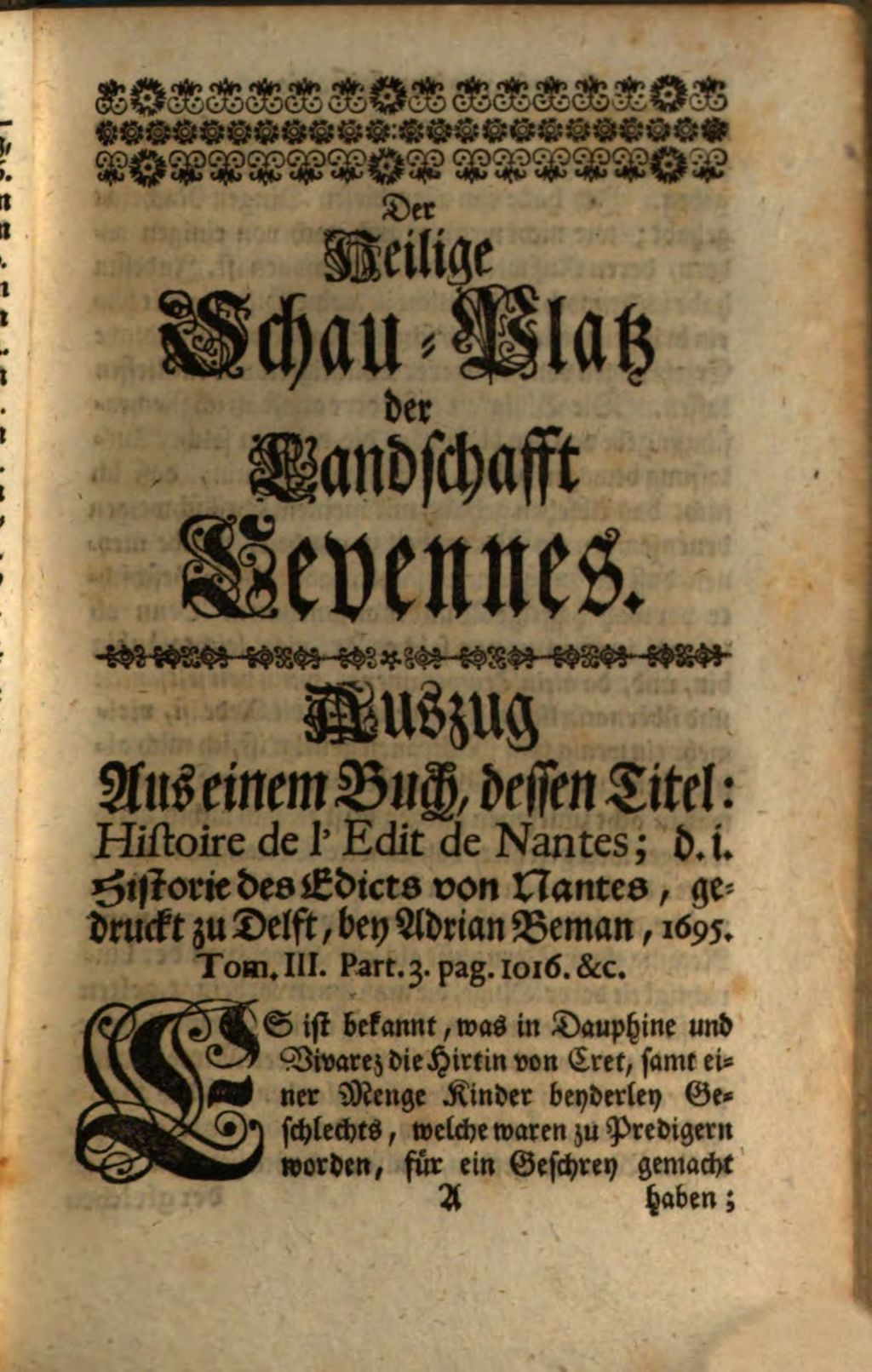 Cover of Heiliger Schau-Platz Der Landschafft Cevennes, oder Historische Erzehlung vieler Wunder, Welche In Franckreich unter den Cevennern in der Provinz Languedoc vor kurtzer Zeit geschehen, und durch Gerichtlich-beschworne Aussagen und andere Zeugnisse erwiesen sind