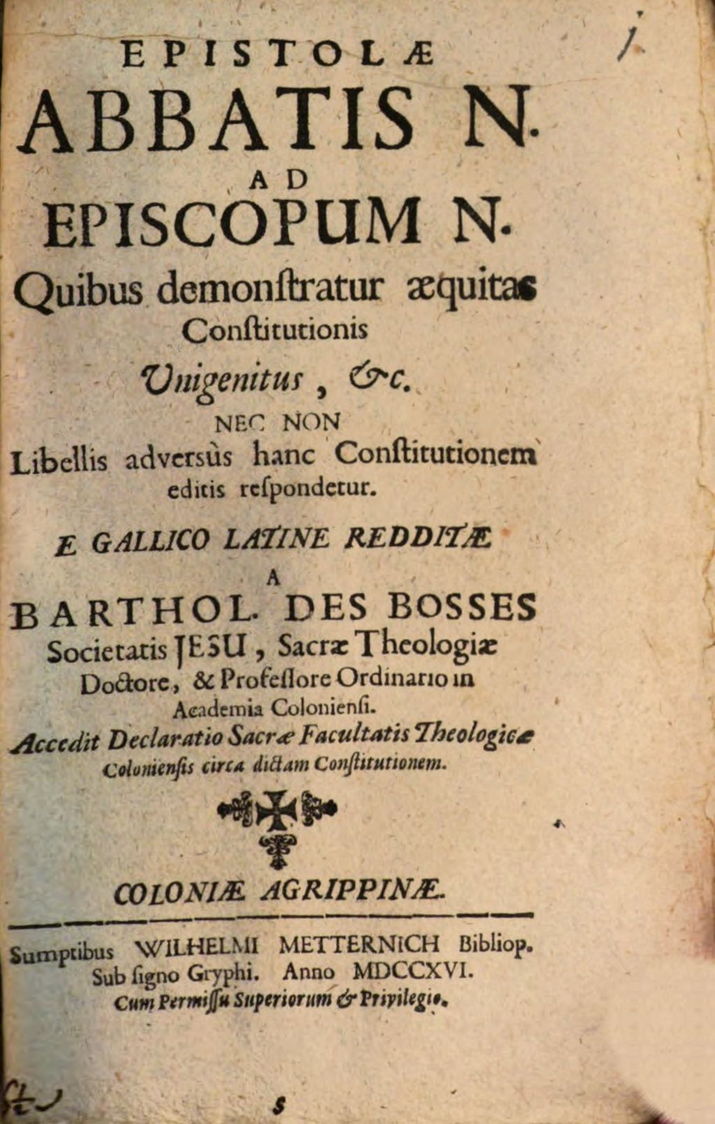 Cover of Epistolae Abbatis N. ad episcopum N. Aequitas Constitutionis Unigenitus