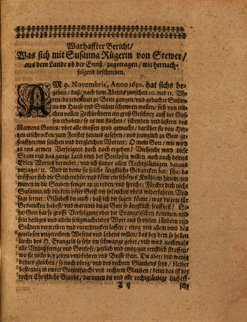 Cover of Warhaffter vnd wolbeglaubter Bericht, Was sich in der weitberümbten Stadt Nürnberg, mit einem Mägdlein von 19. Jahren, eines fürnehmen Manns Tochter von Stewer aus dem Lande ob der Enß, Namens Susanna Rügerin ... begeben, wie sie vnterschiedliche Visiones oder Göttliche Erscheinungen gehabt