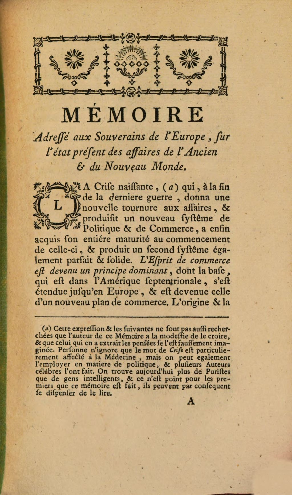Cover of Memoire adressé aux souverains de l'Europe, sur l'état présent des affaires de l'ancien & du nouveau monde