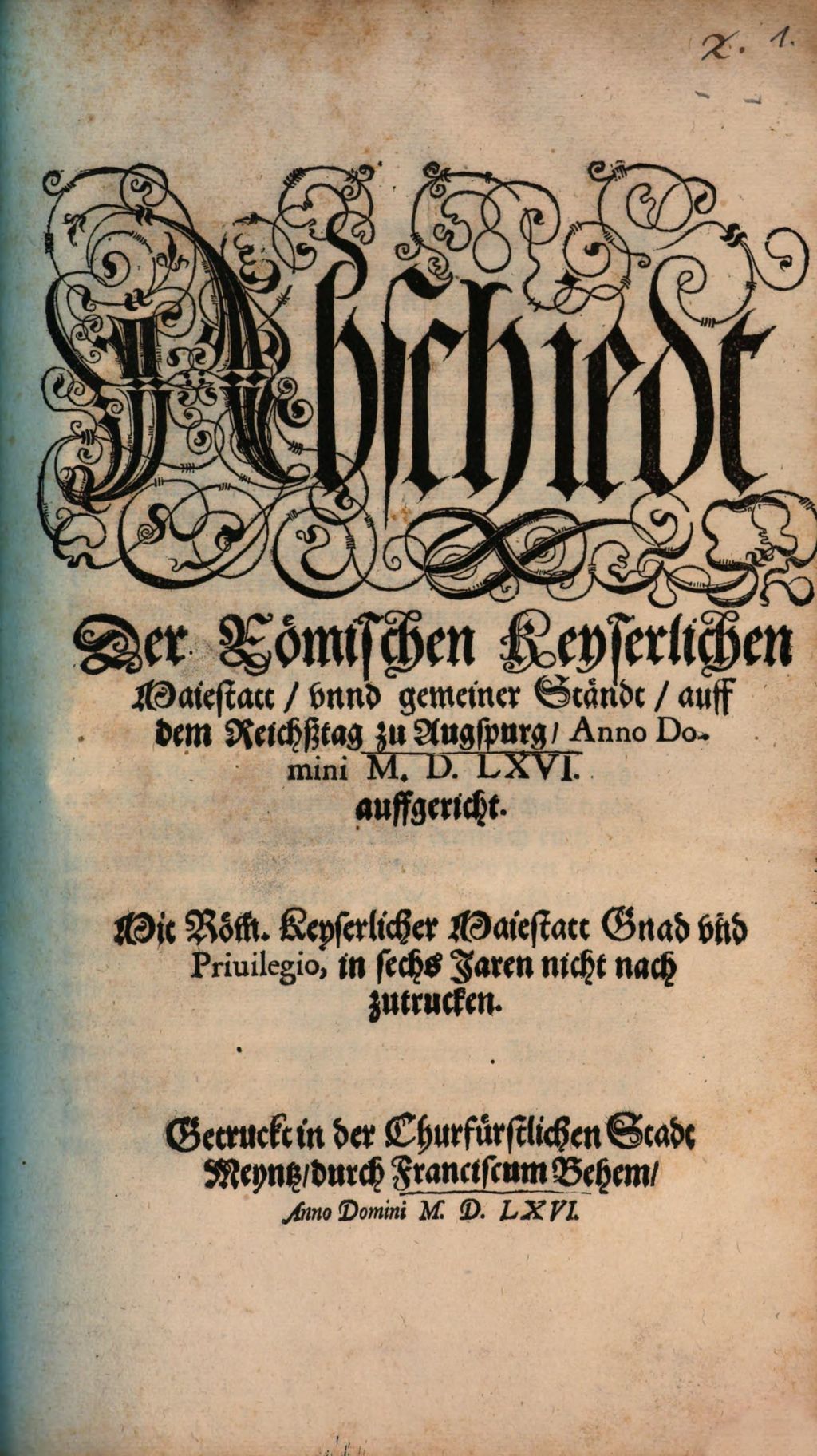 Cover of Abschiedt Der Römischen Keyserlichen Maiestatt, vnnd gemeiner Ständt, auff dem Reichßtag zu Augspurg, Anno Domini M.D.LXVI. auffgericht