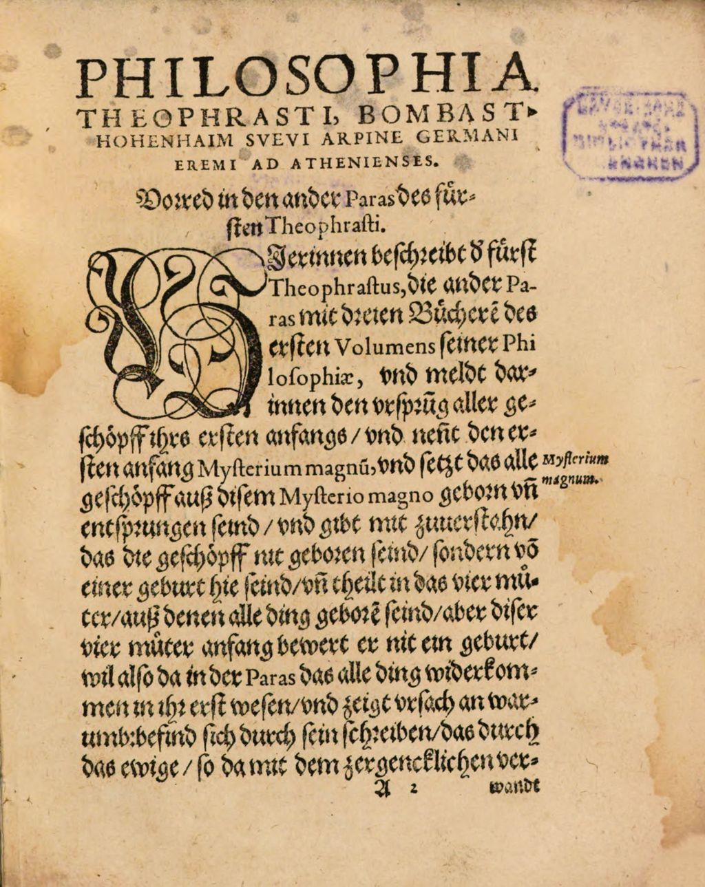 Cover of Des Hocherfarnen und Hochgelehrten Herrn Theophrasti Paracelsi von Hohenheim, beyder Artzney Doctoris, Philosophiae ad Athenienses, drey Bücher